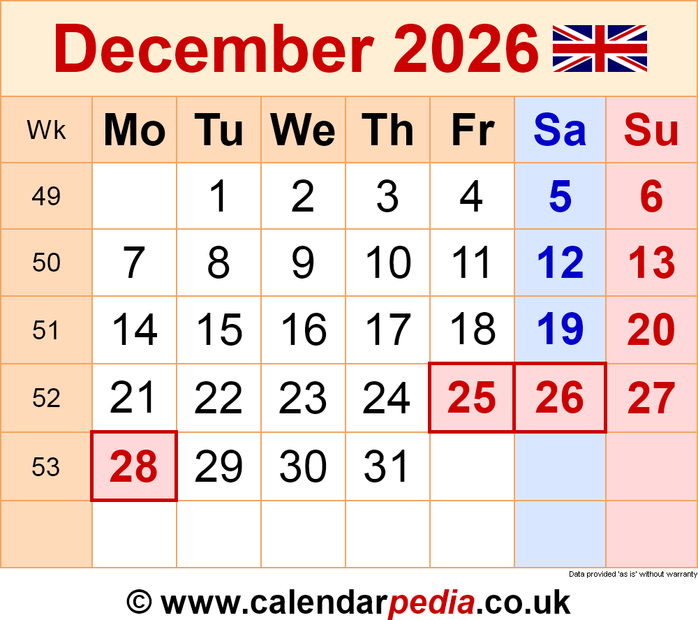 Calendar For December 2026 Printable Holiday