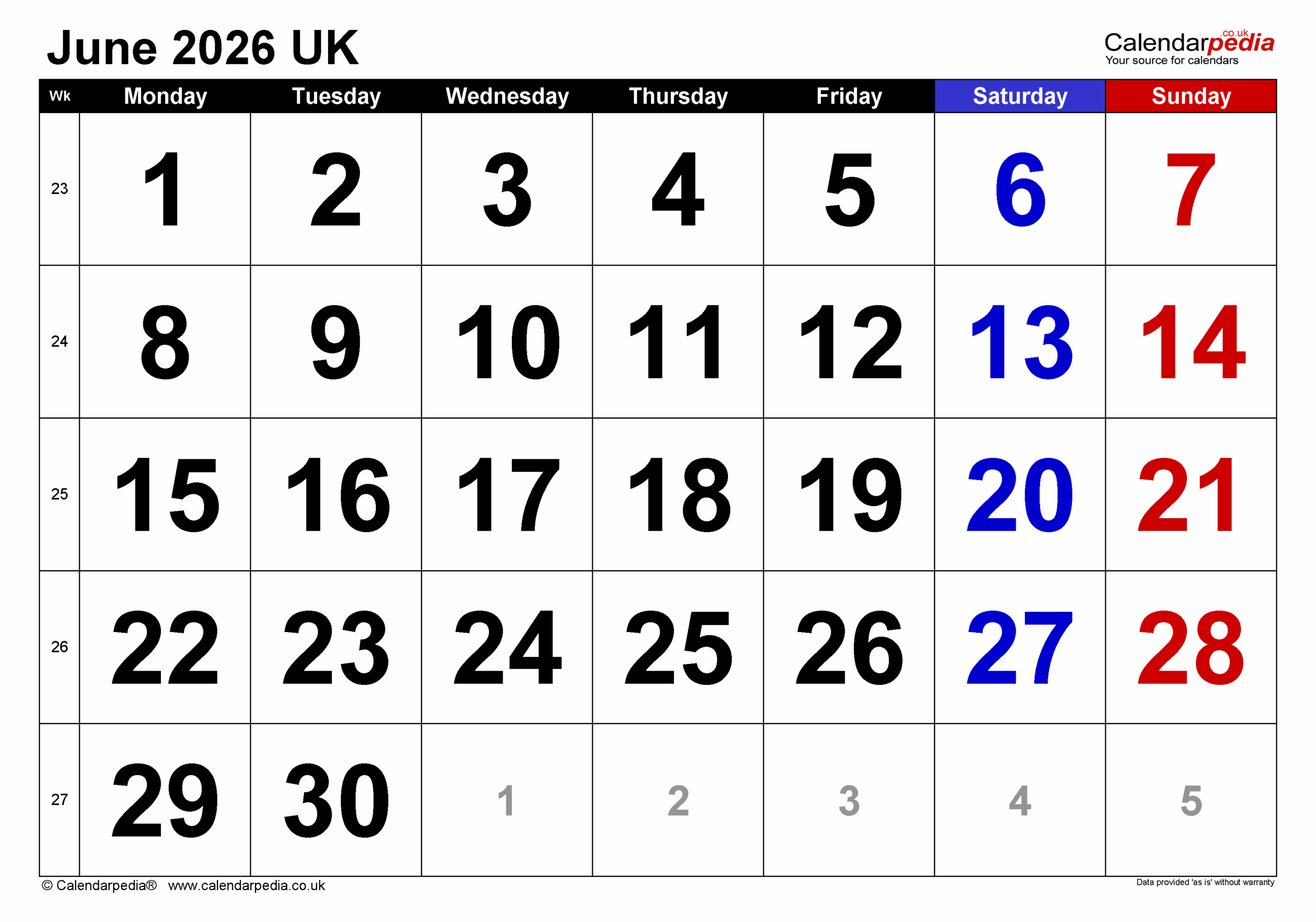 Calendar June 2026 Printable