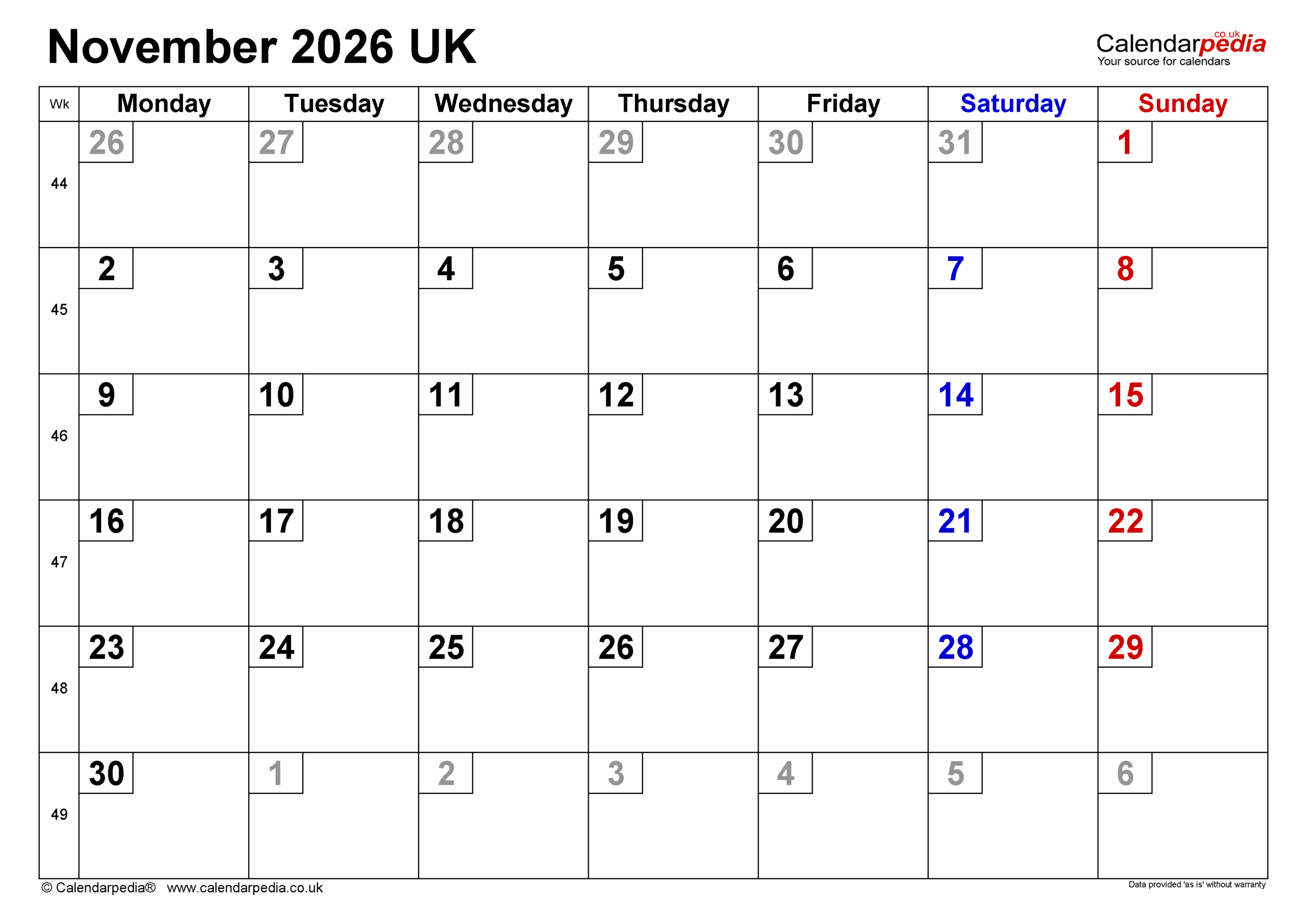 Calendar November 2026 UK With PDF Excel And Word Templates