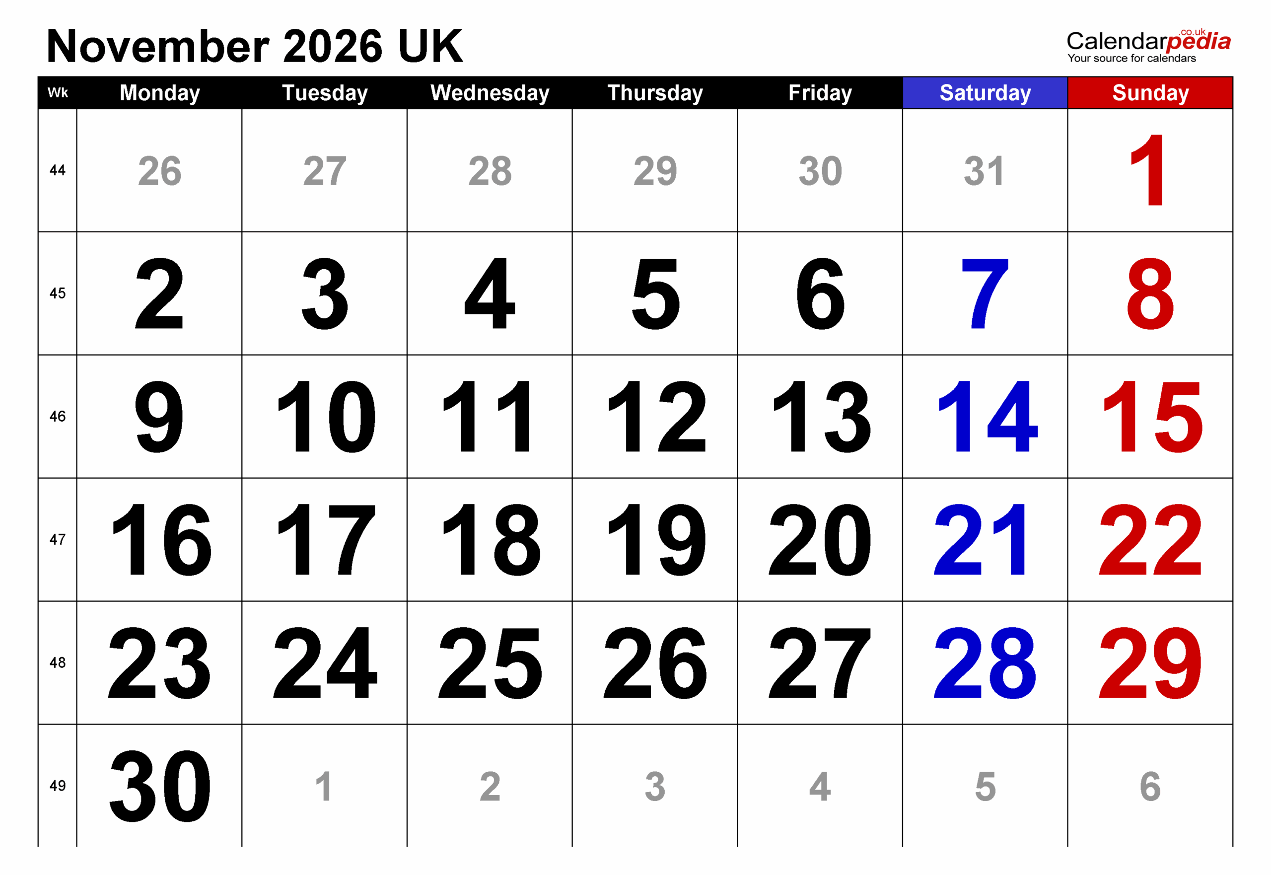 Microsoft Blank Calendar November 2026 Printable