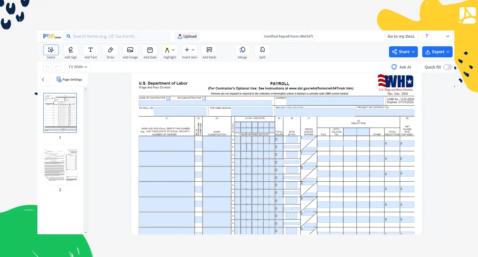Certified Payroll Form WH347 2008 2026 Blank Online PDFliner