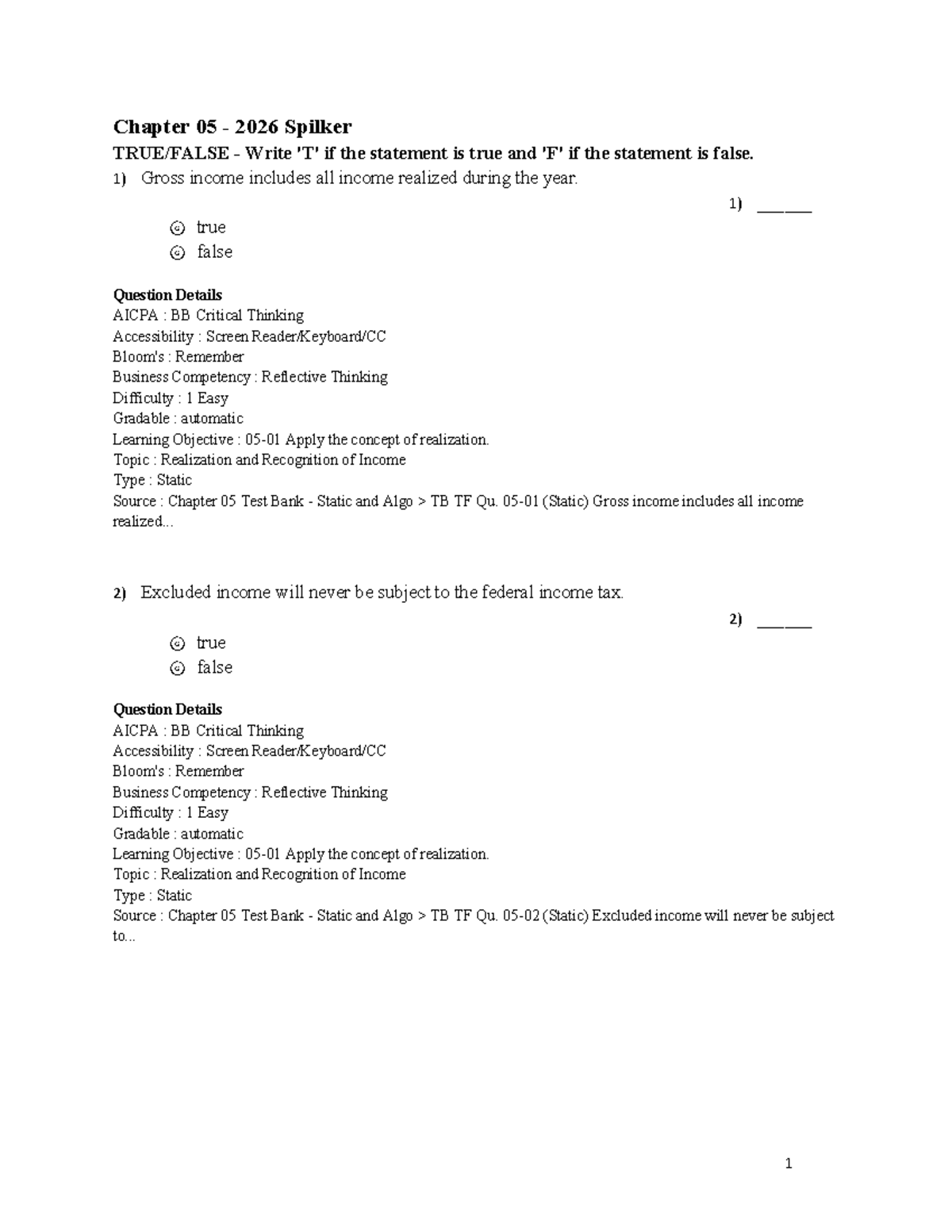 Chapter 05 Test Bank Realization And Recognition Of Income Studocu