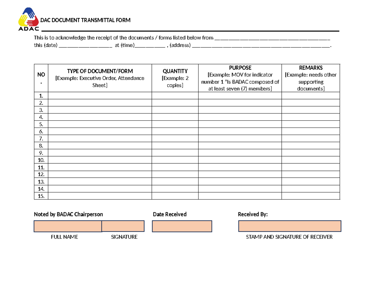 CIR Transmittal BADAC DOCUMENT TRANSMITTAL FORM This Is 