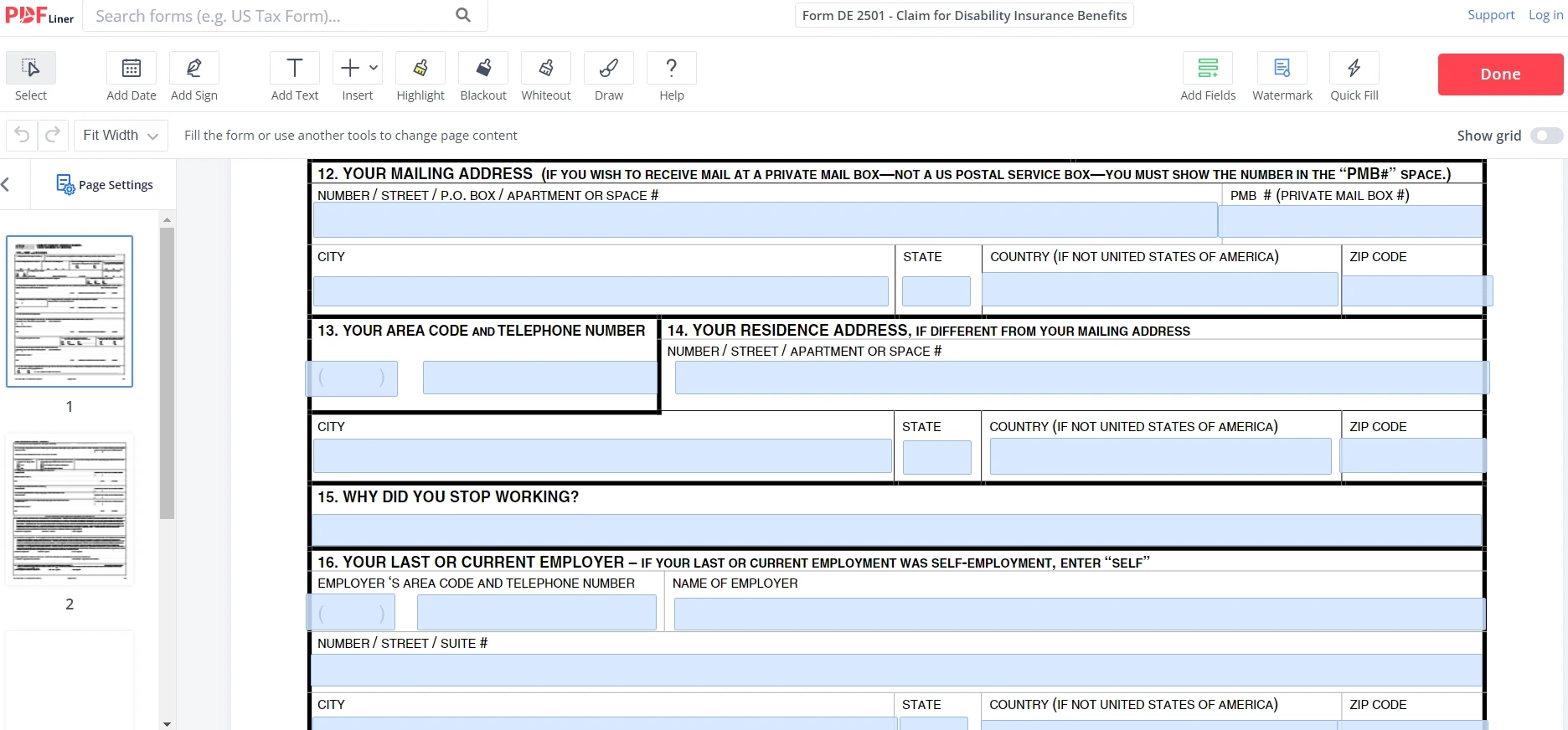 Claim For Disability Insurance DI Benefits Form DE 2501 PDFliner