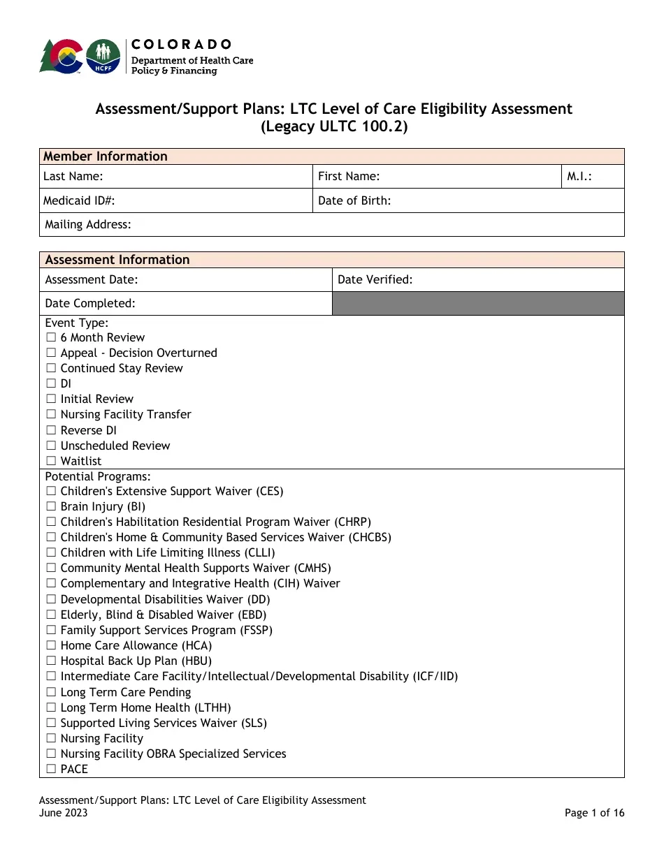 Colorado Assessment Support Plans Ltc Level Of Care Eligibility 