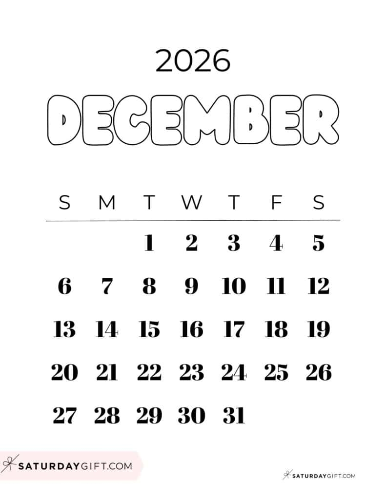 Free Printable December 2026 Weekday Calendar