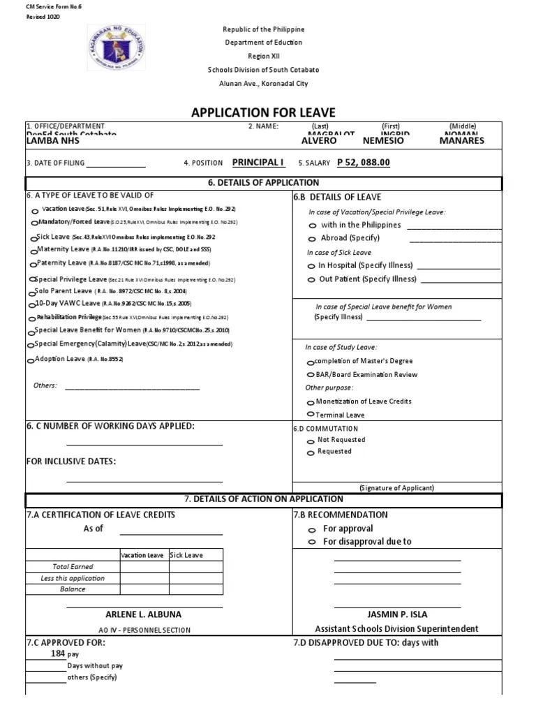 CSC FORM 6 Leave Form PDF Sick Leave Parental Leave