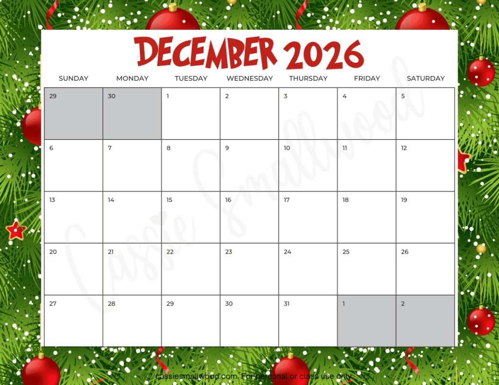 2026 Free Printable Calendar December