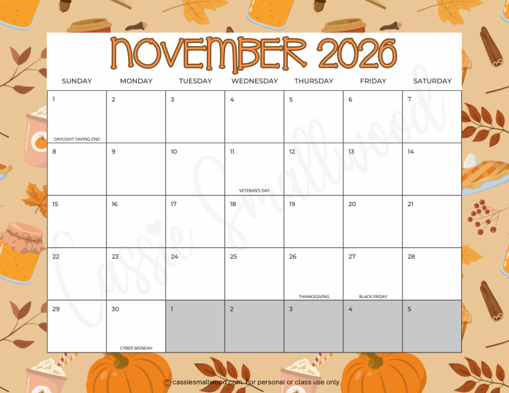 November Printable Calendar For 2026