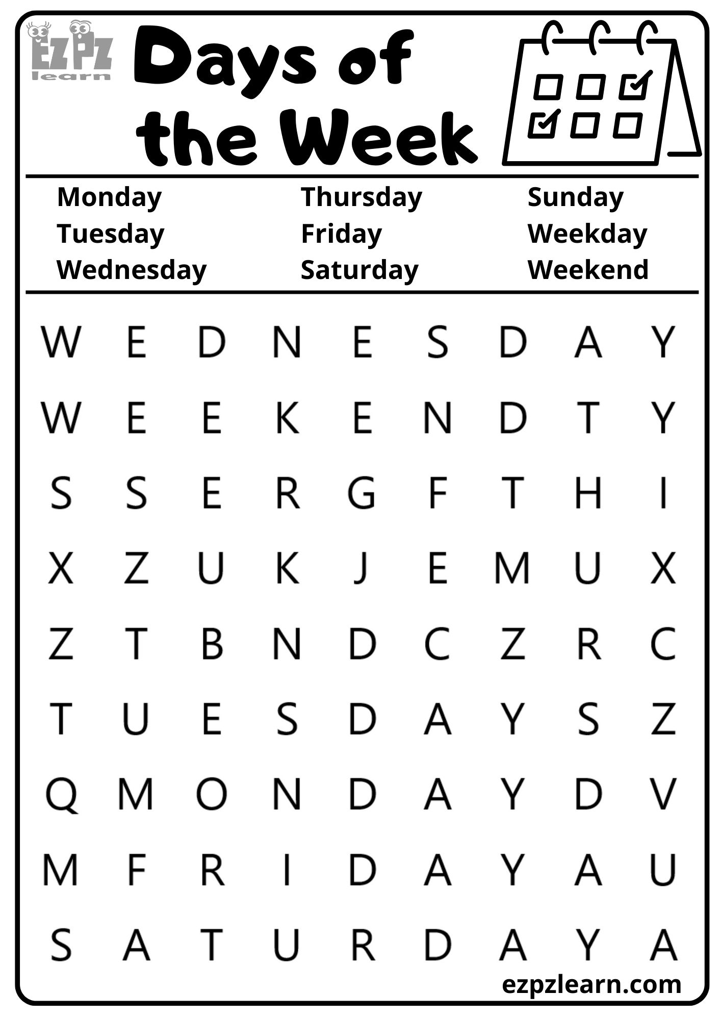 Days Of The Week Ezpzlearn