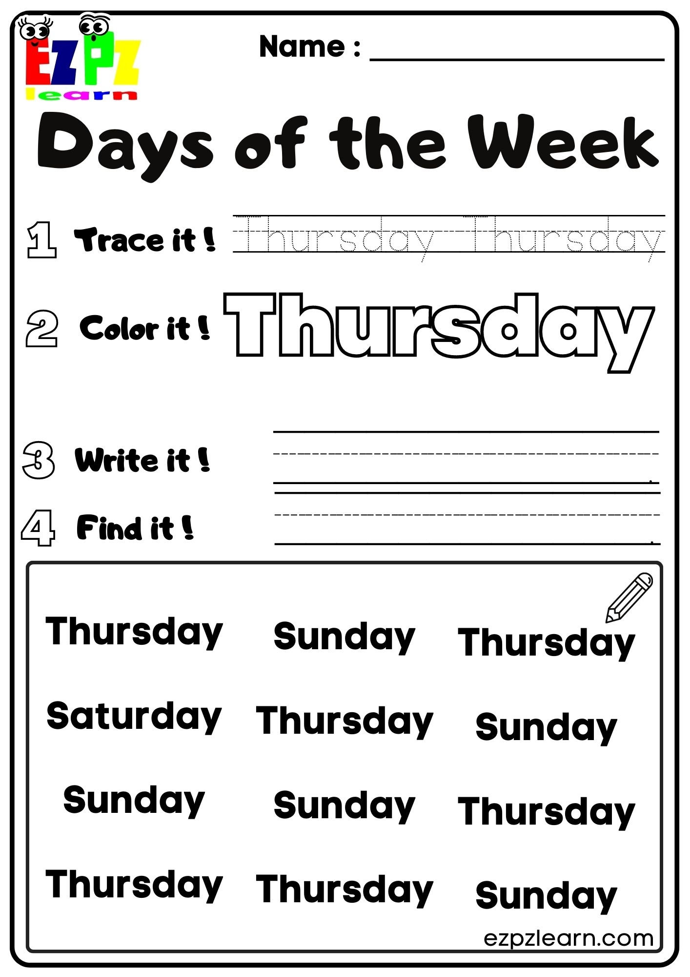 Days Of The Week Ezpzlearn