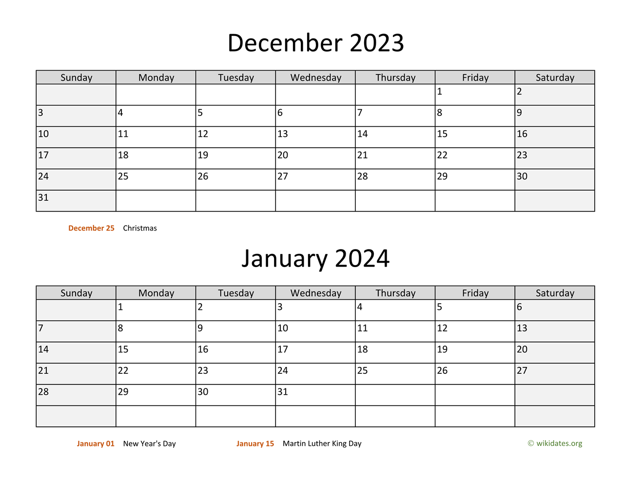 December And January Calendar Printable
