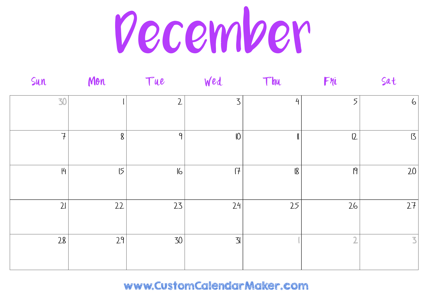 Month Of December Printable Calendar