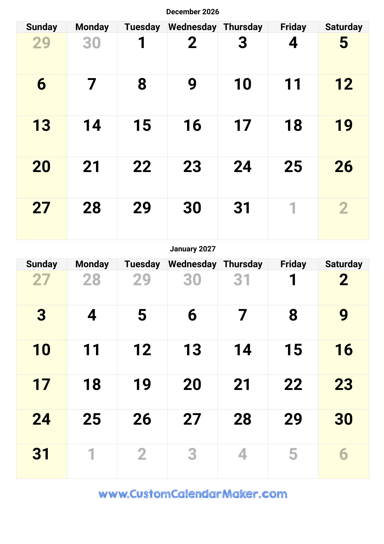 December 2026 Calendar Pages Printable