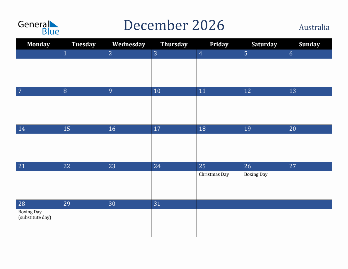 December 2026 Australia Holiday Calendar Monday Start 
