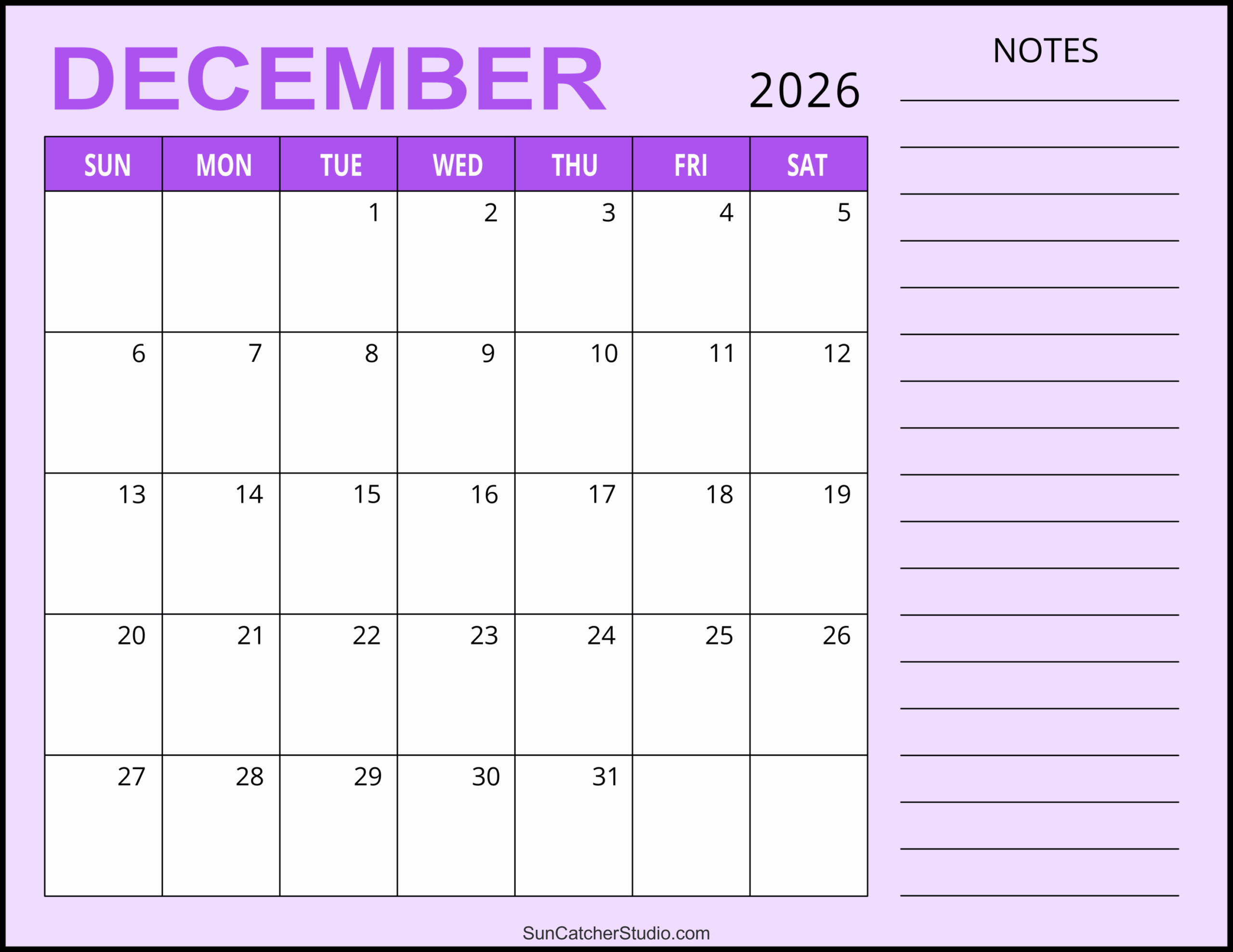 Free Printable Blank December Calendar 2026