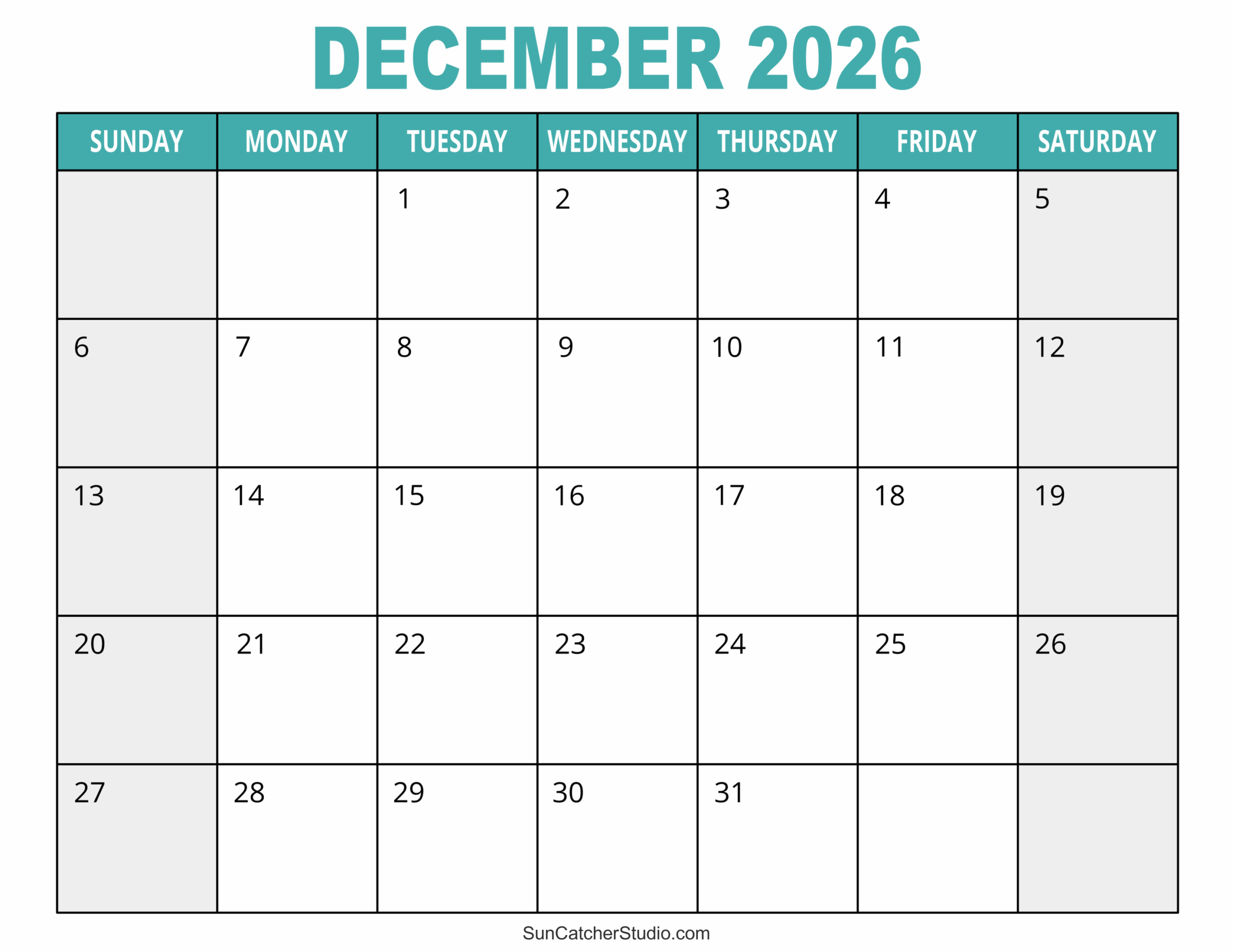 Calligraphy Calendar Printable 2026 December 2026