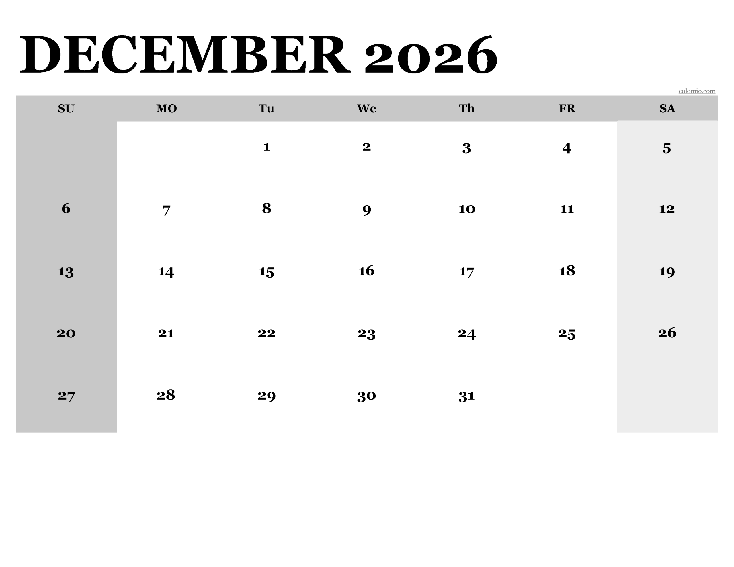 December 2026 Calendar Free Printable PDF XLS And PNG Www 