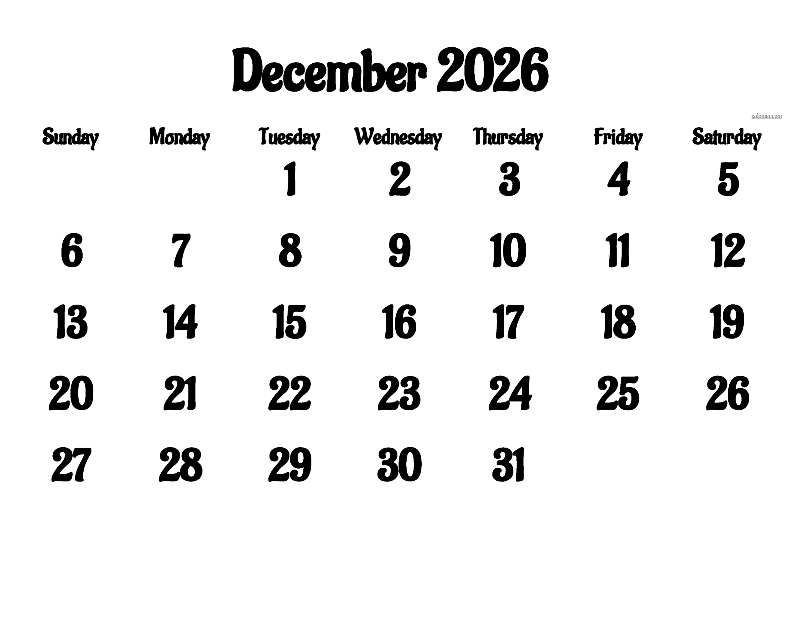 Printable December 2026 Calendar Cursive