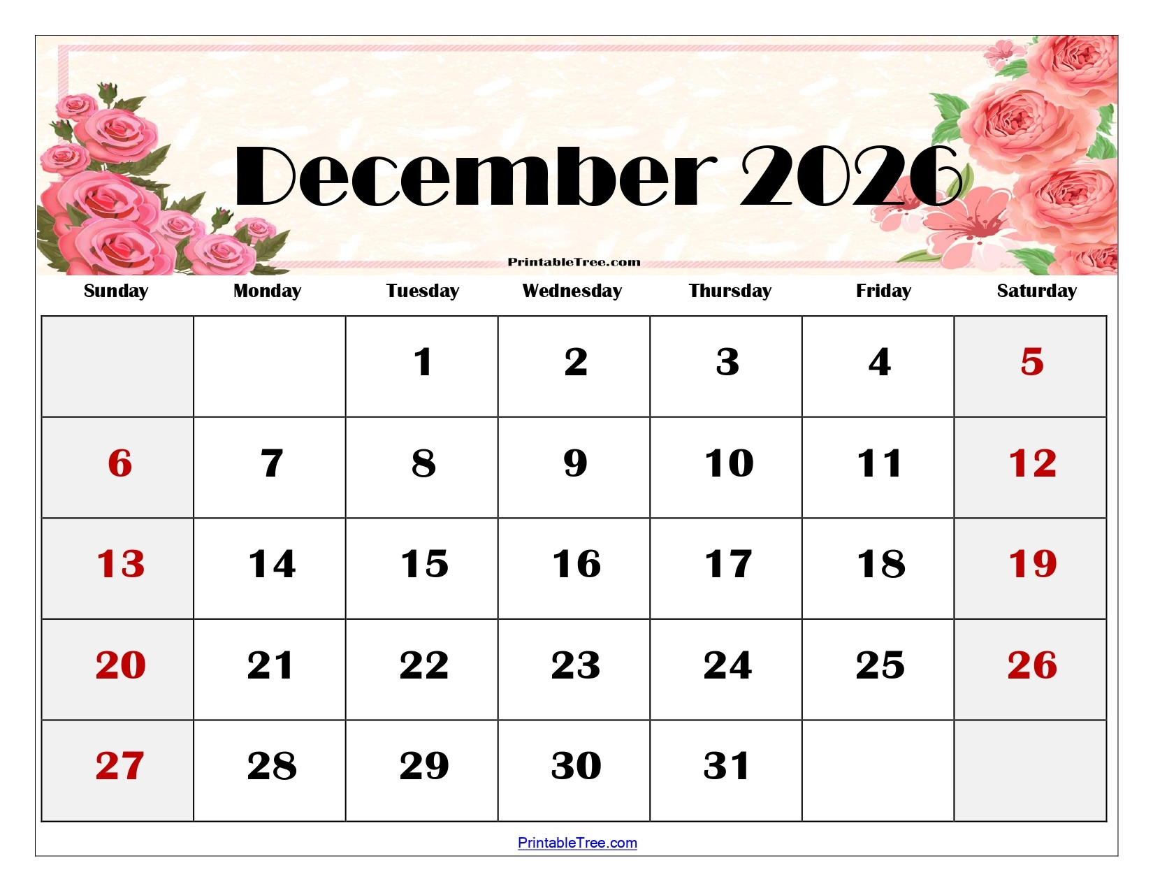 Printable Christmas December Calendar 2026 Free