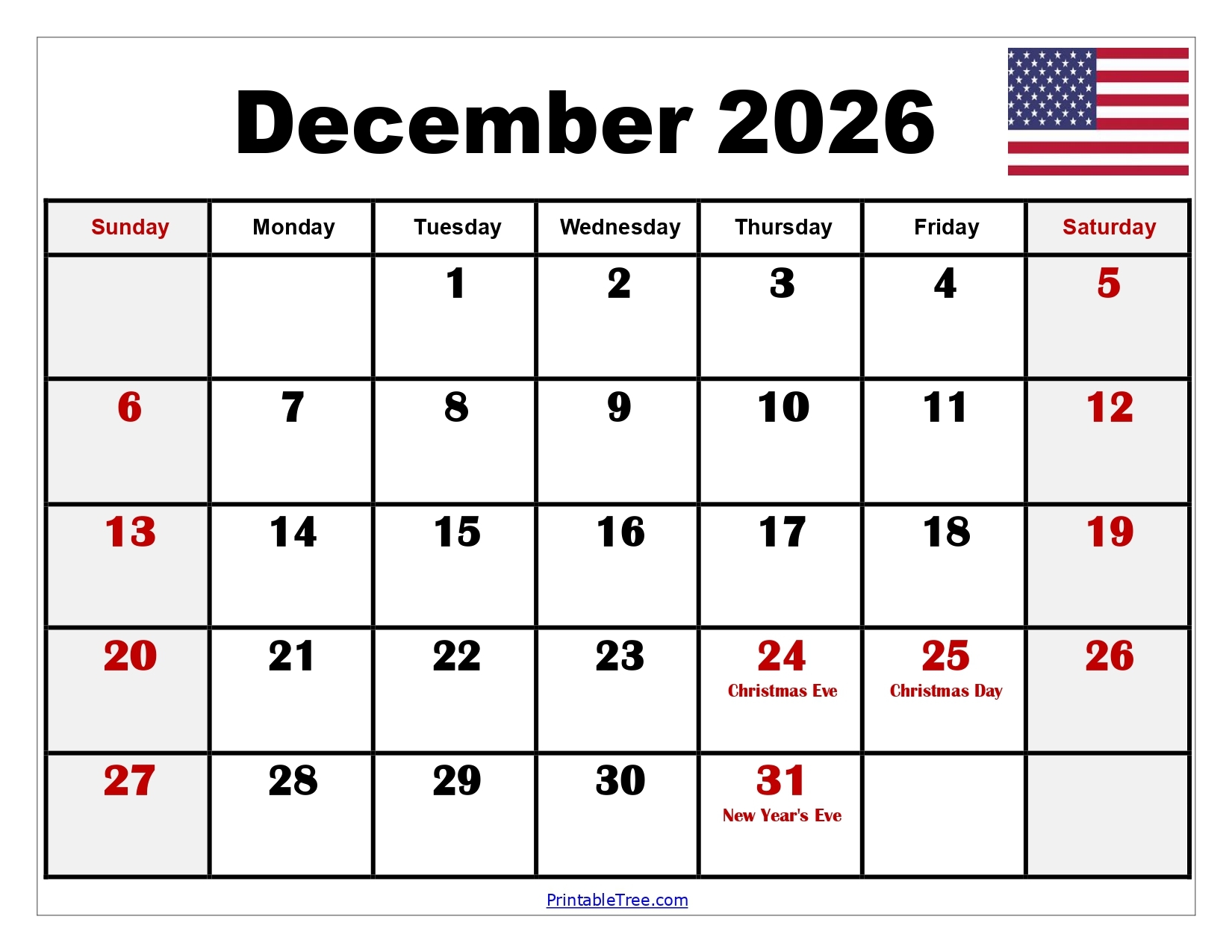 Printable December 2026 Calendar With Design