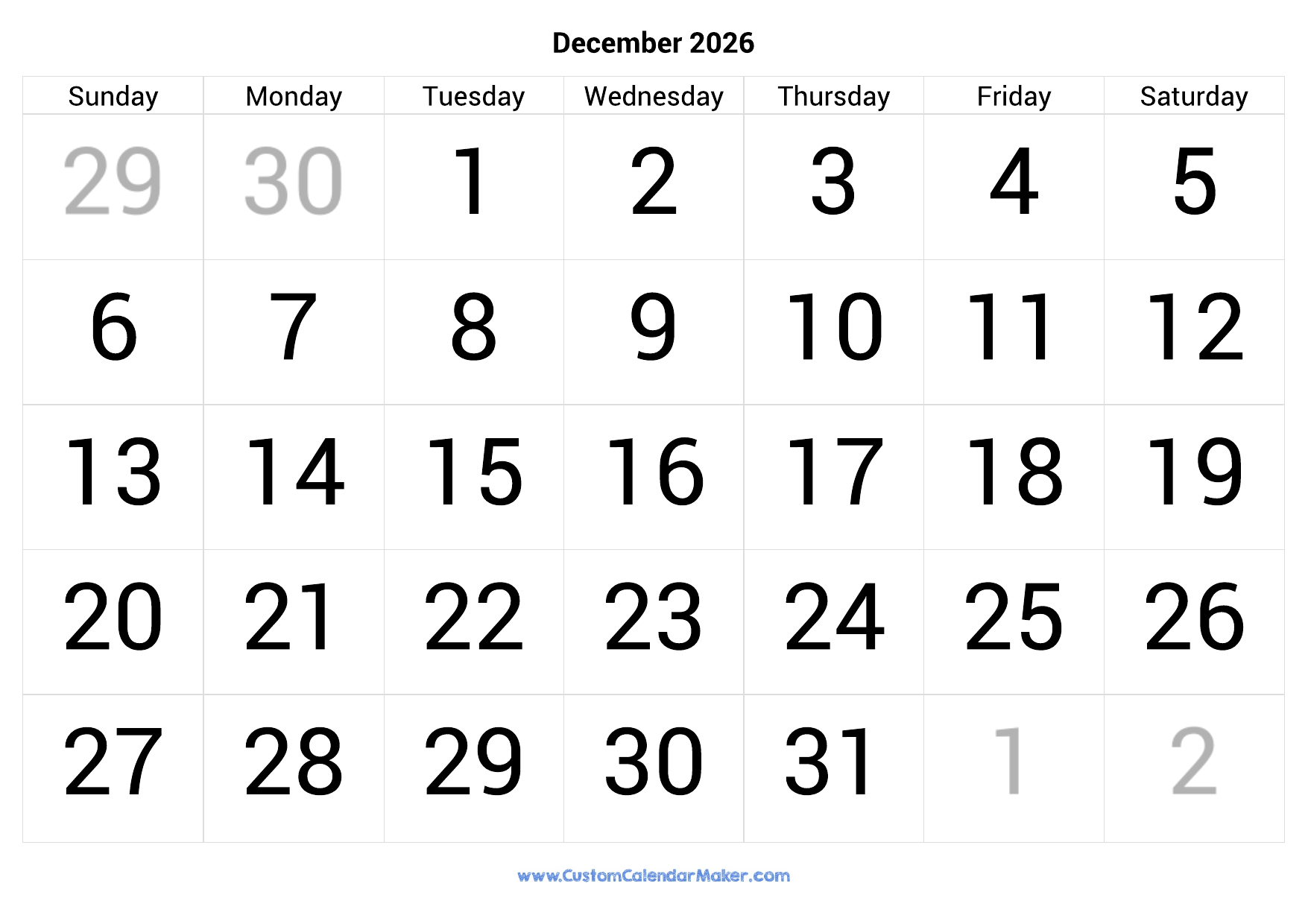 Printable Large Blank December 2026 Calendar