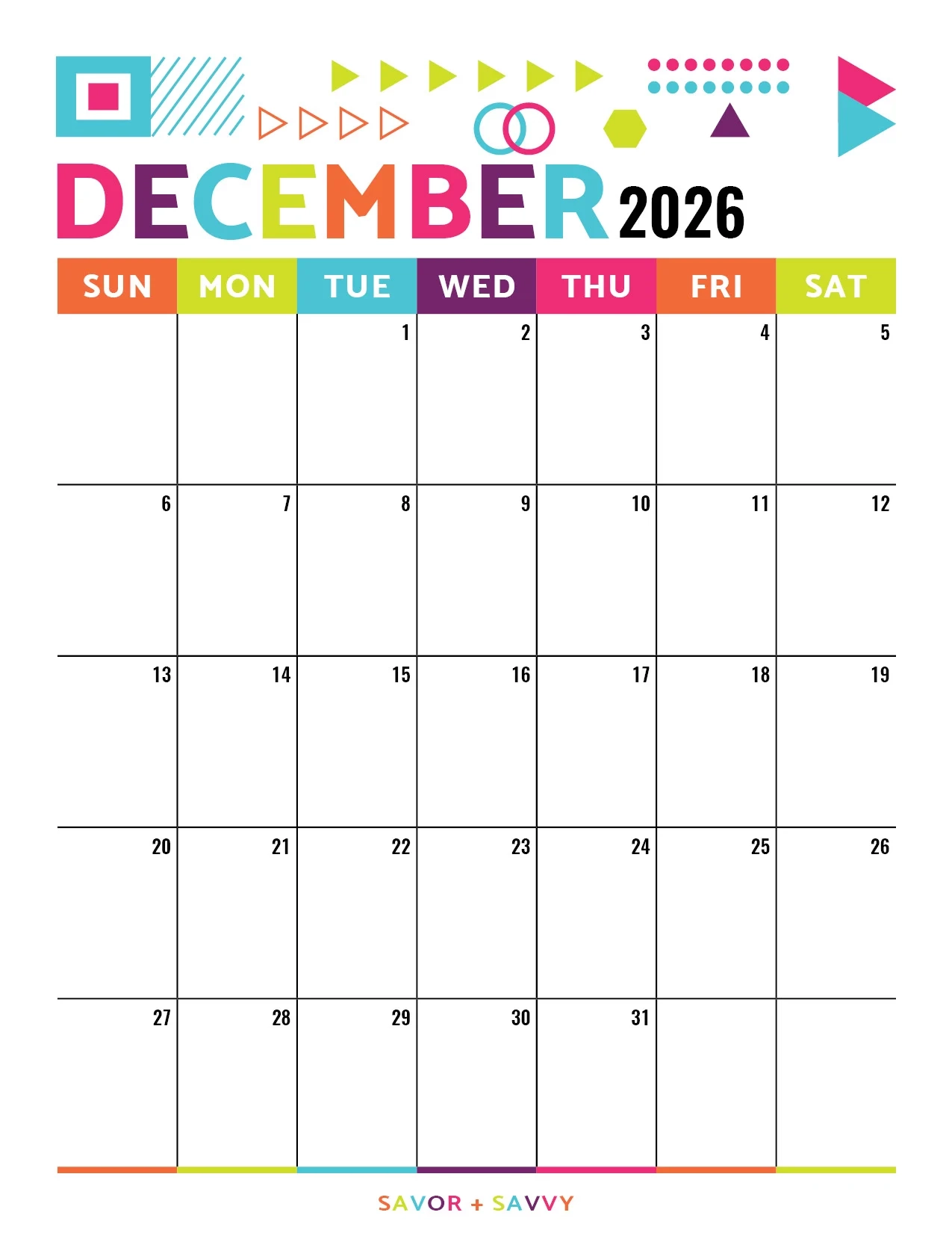 Calendar December 2026 Color In Printable