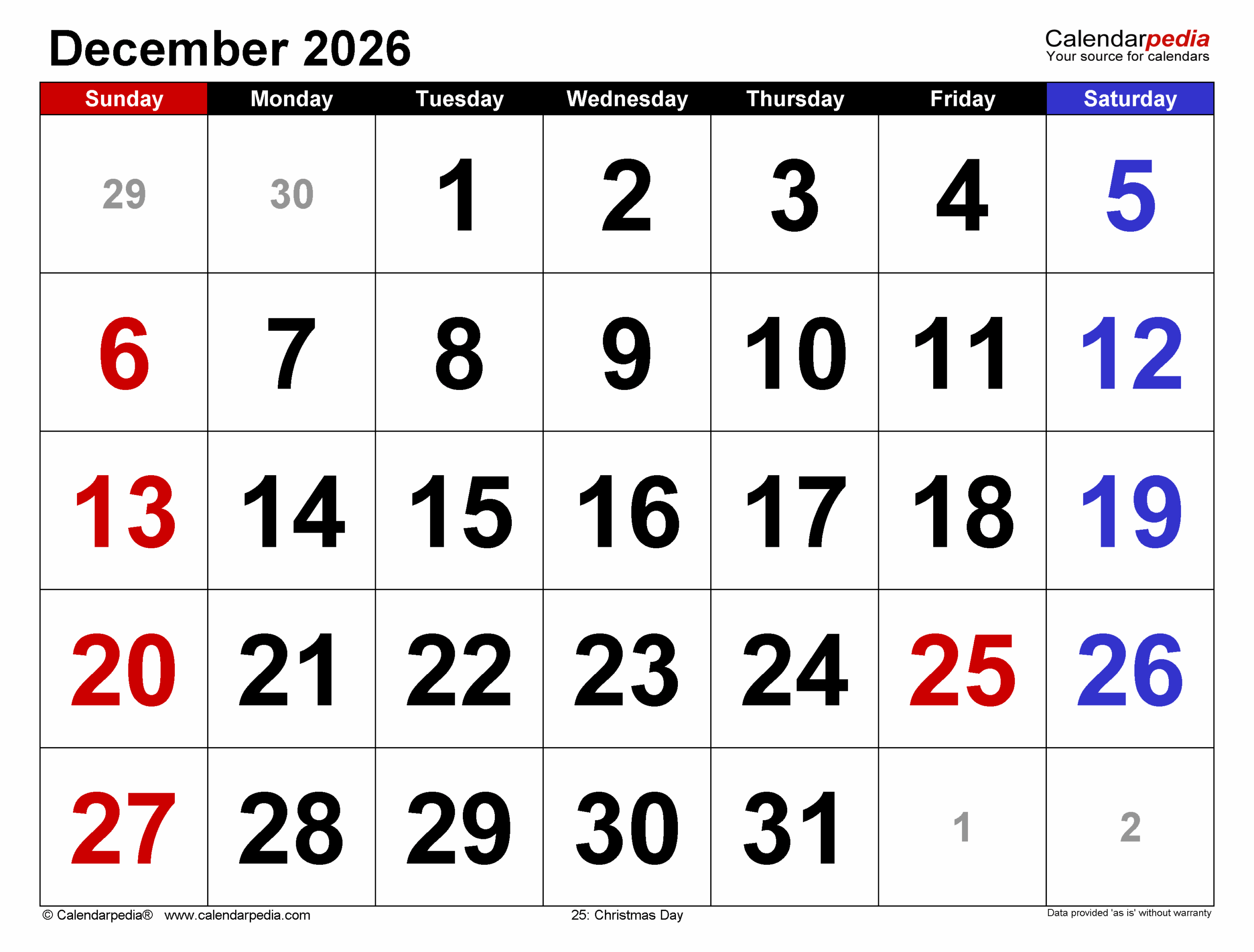 Download Printable December 2026 Calendar