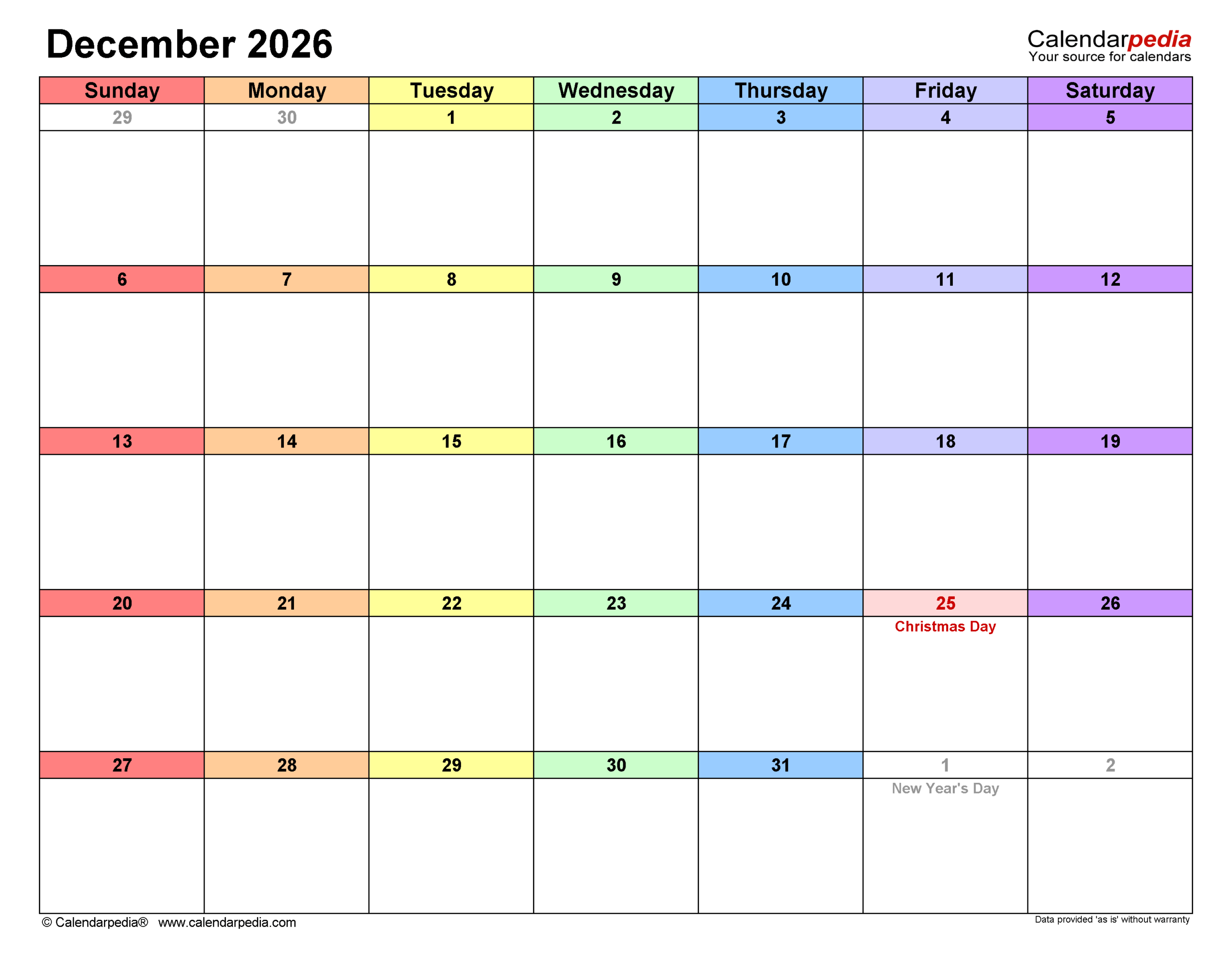 Large December 2026 Calendar Printable