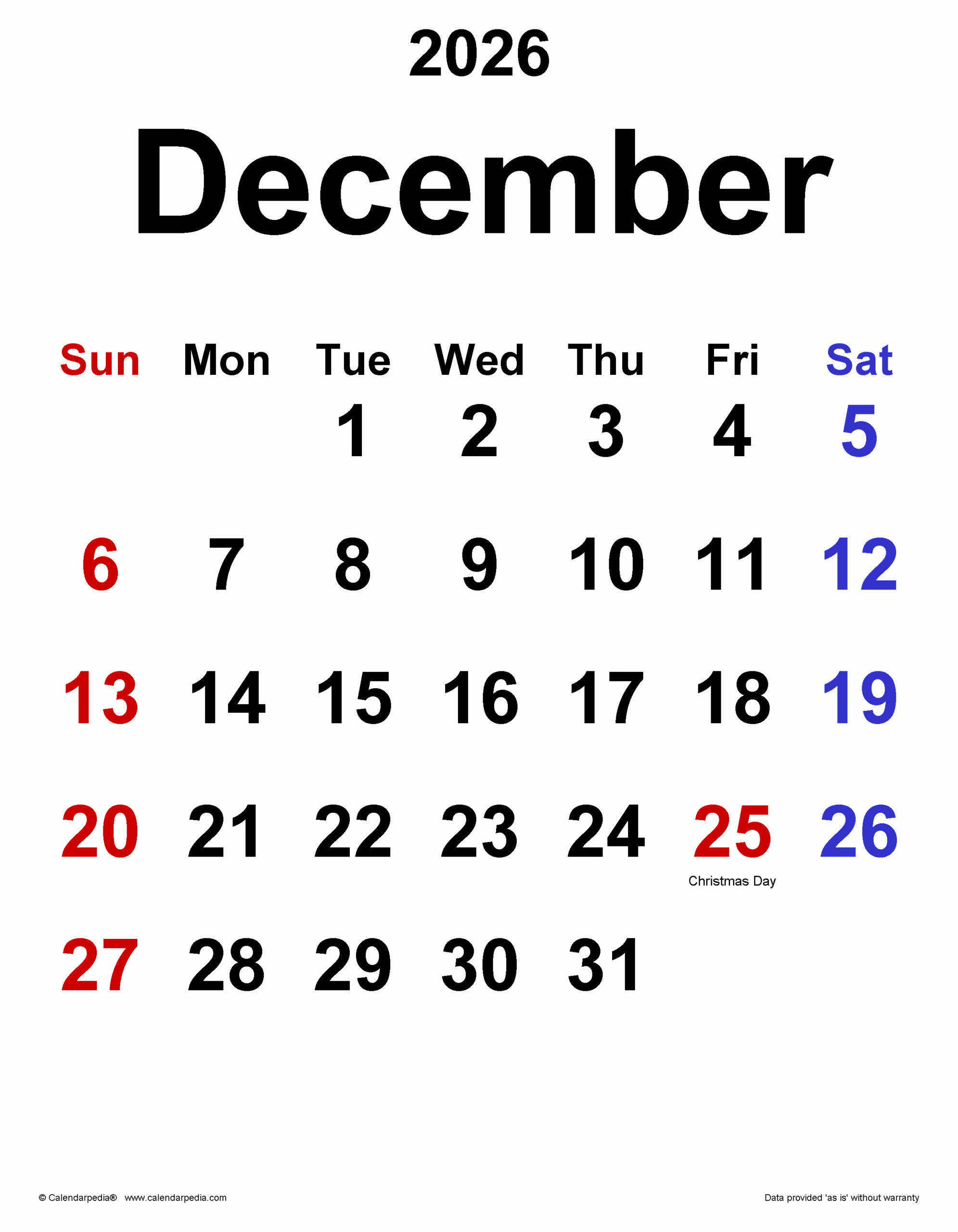 Free Printable Vertical December 2026 Calendar