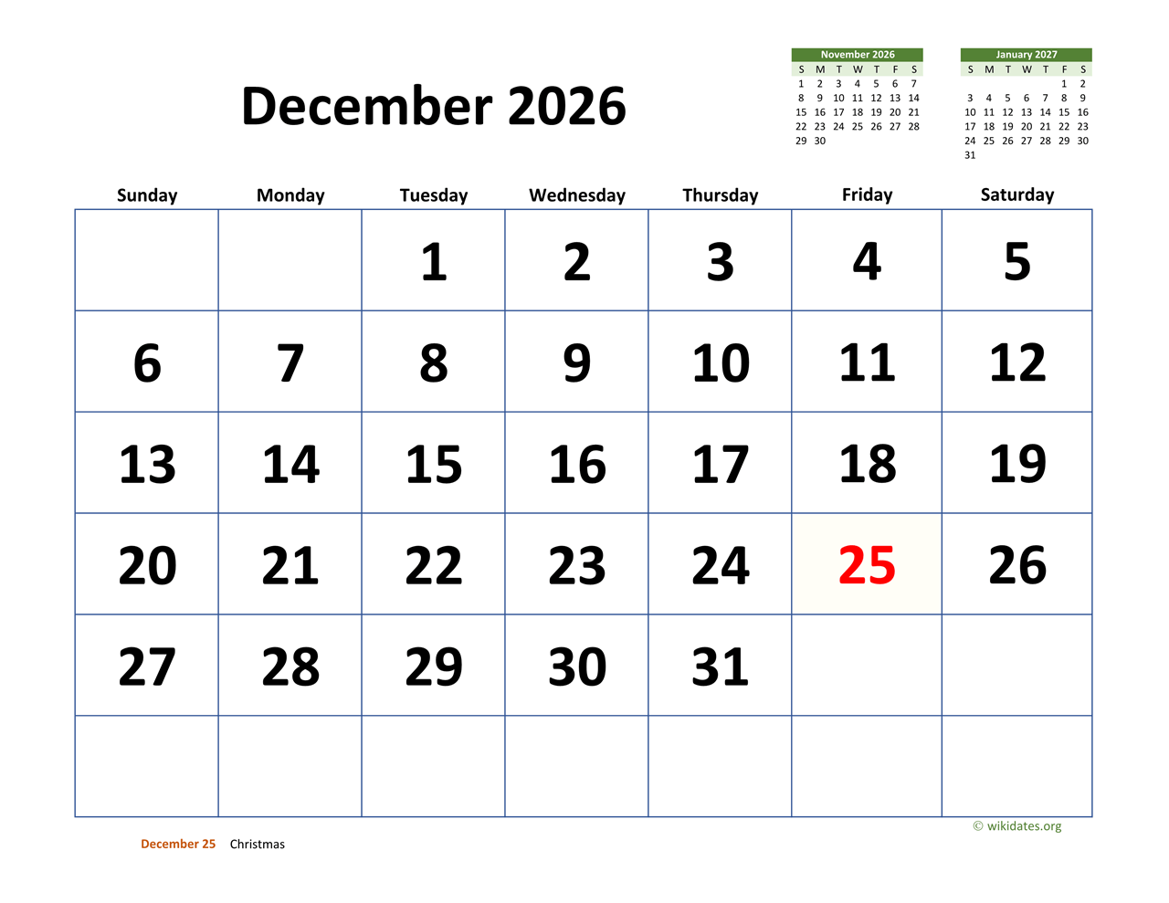 Printable Calendar Months December 2026