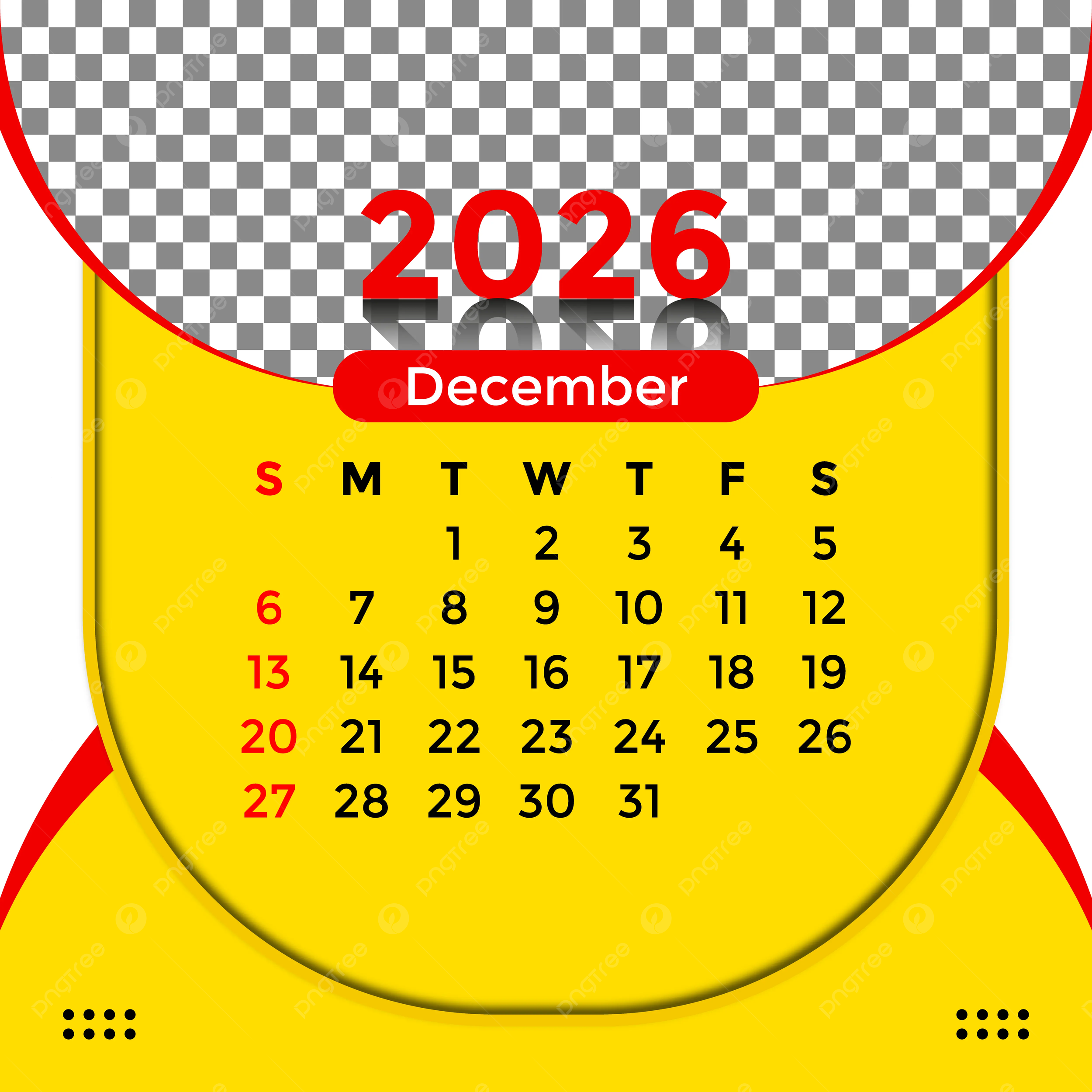 December 2026 Calendar Yellow And Red Vector Template Download On 