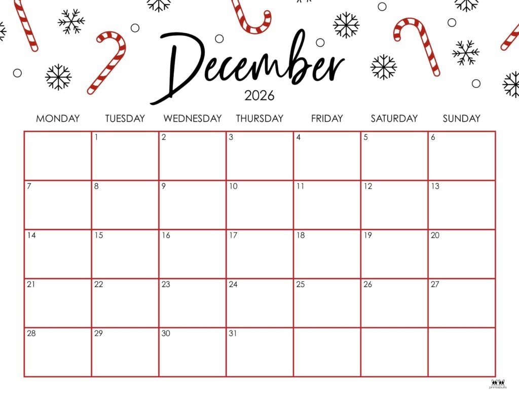 December Calendar 2026 Printable Christmas