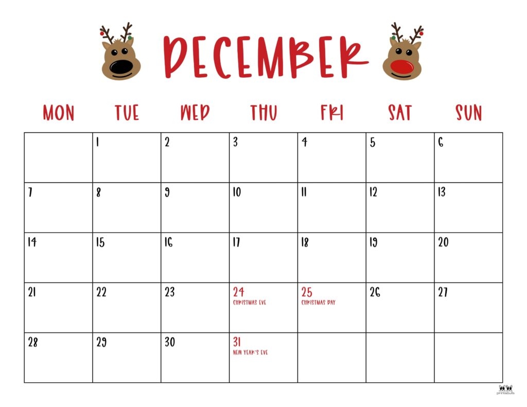 December Printable Calendar Holidays 2026