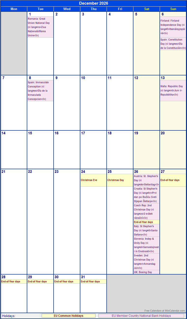 December 2026 EU Calendar With Holidays For Printing image Format 