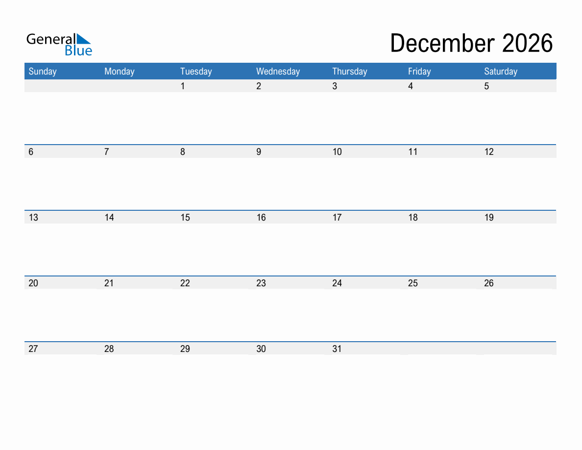 December 2026 Monthly Calendar PDF Word Excel 