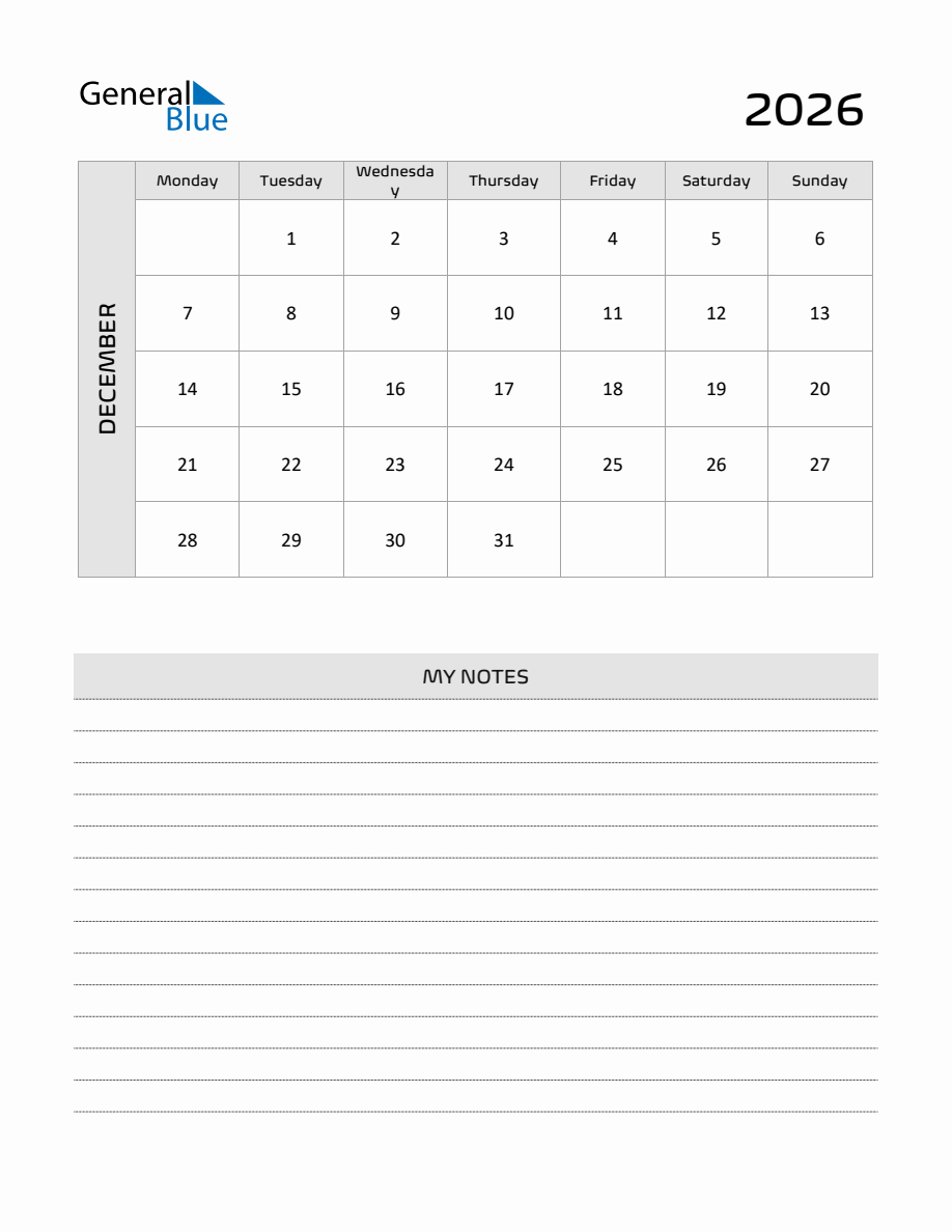 Printable Calendar December 2026 Microsoft