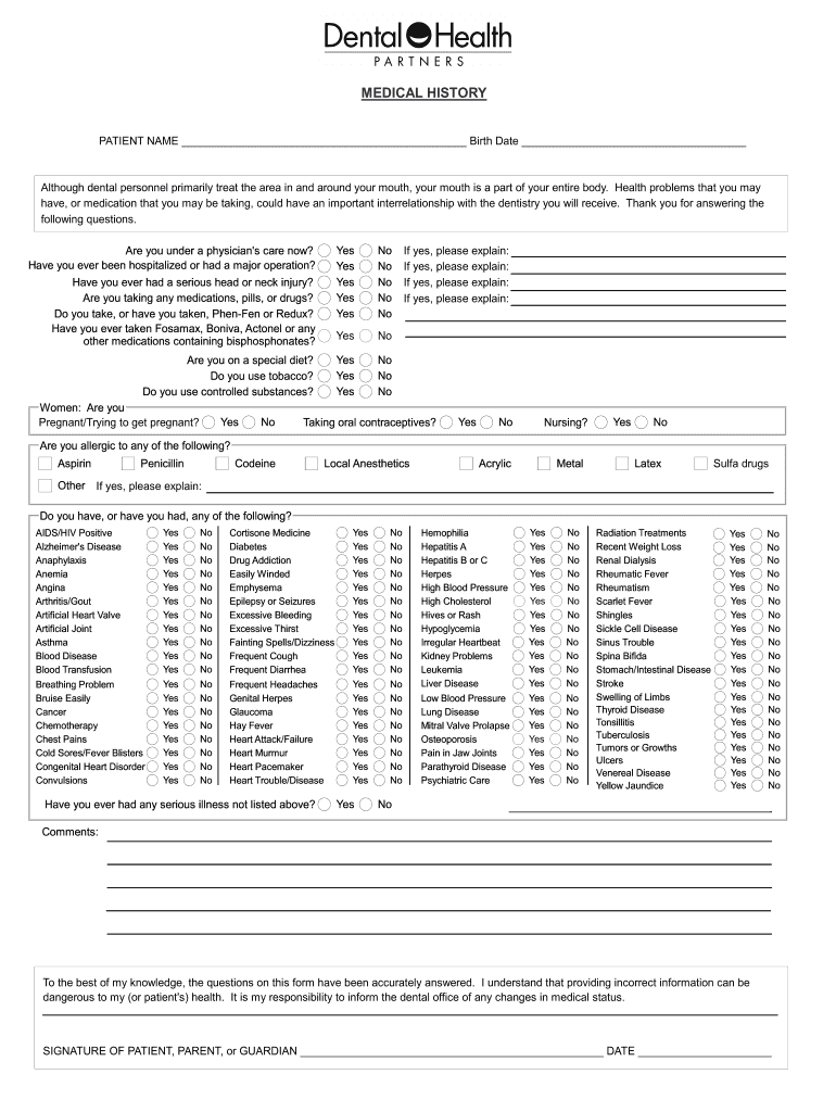 Dental Health Medical History Form Fill Online Printable 