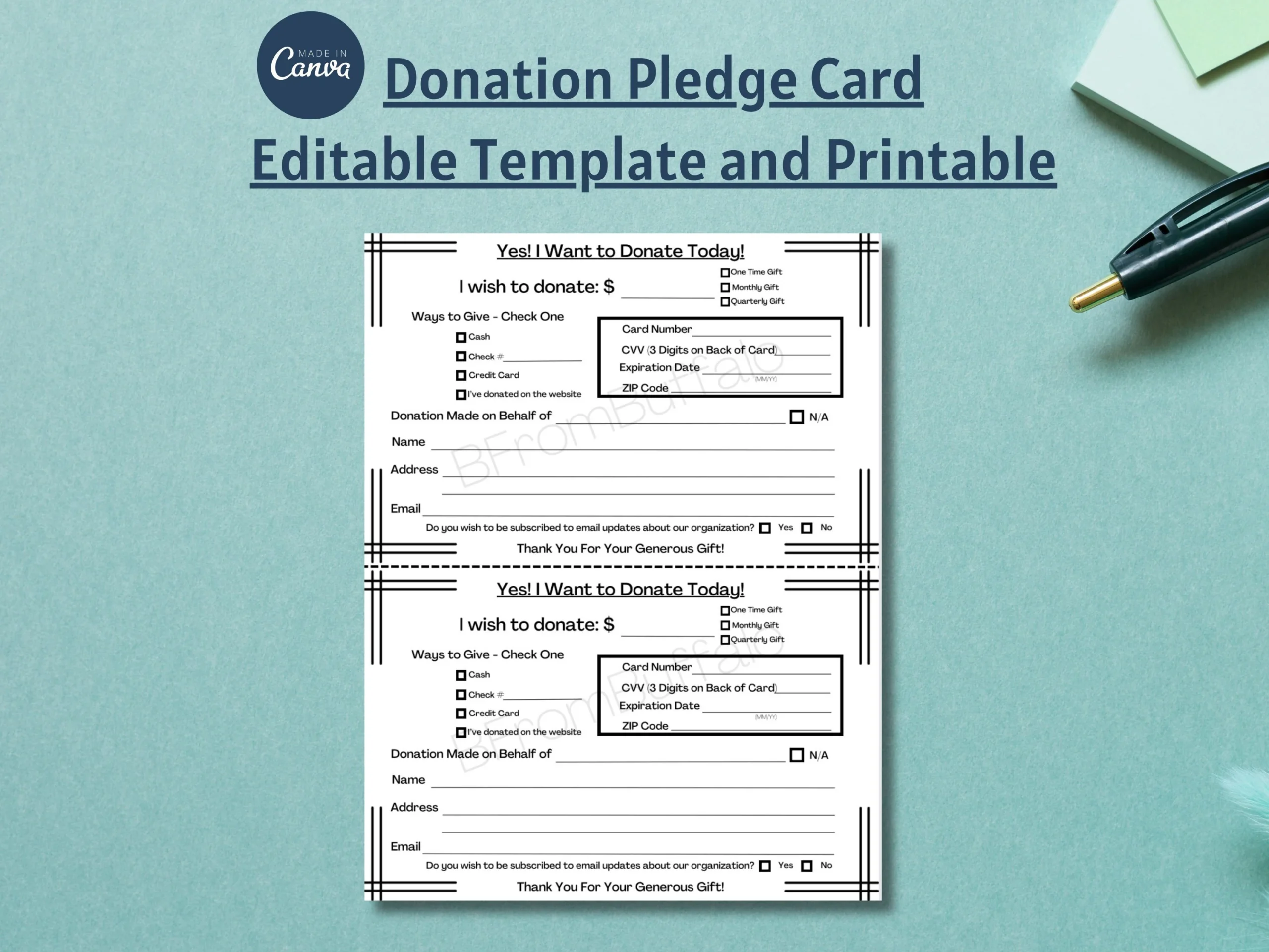 Donation Pledge Card Template Editable Printable Form Etsy