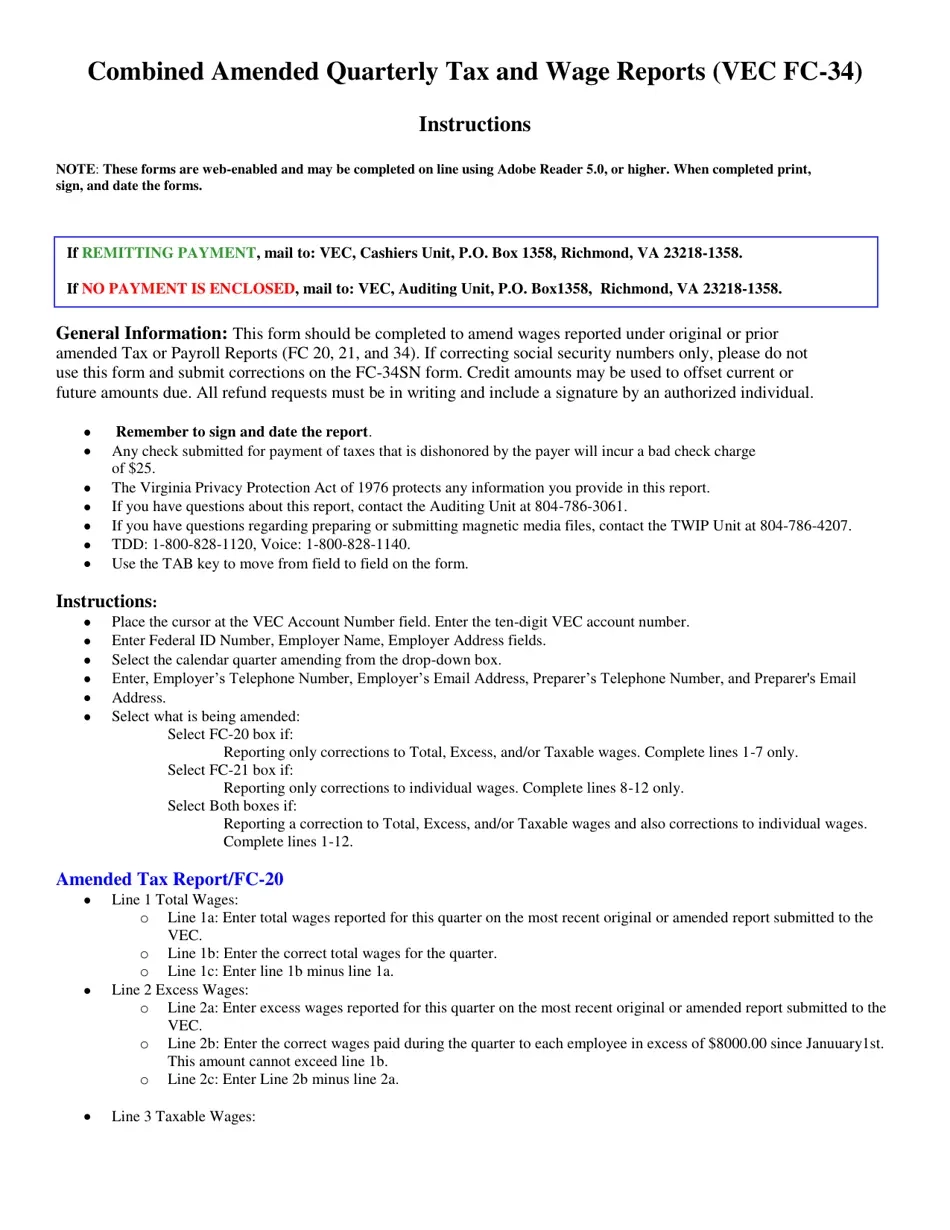 Download Instructions For Form VEC FC 34 Combined Amended 