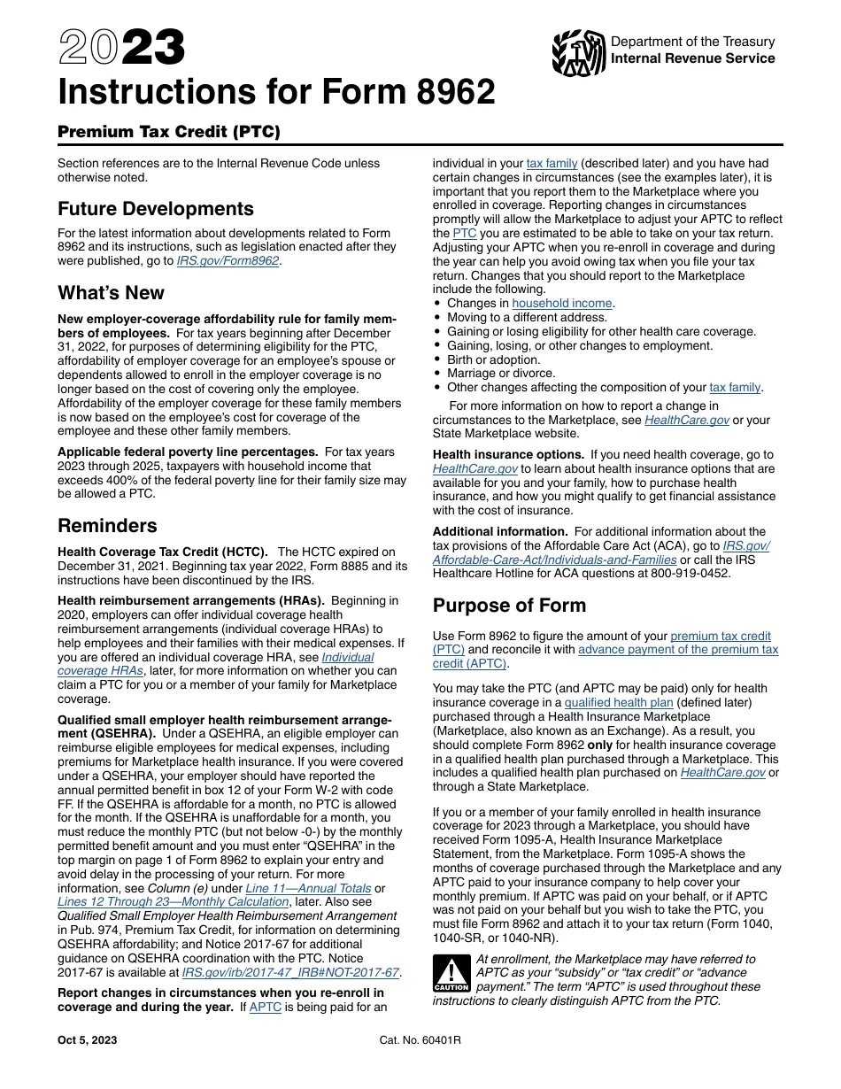Download Instructions For IRS Form 8962 Premium Tax Credit Ptc 