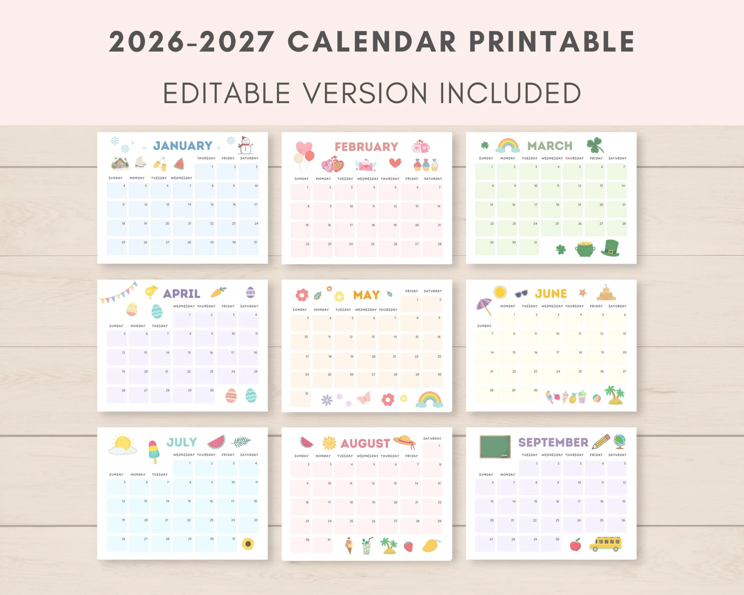Druckbarer Kalender 2026 2027 Druckbarer Kalender Bearbeitbarer Kalender Kalender 2026 Kalender 2027 Planer 2026 2027 Monatskalender PDF
