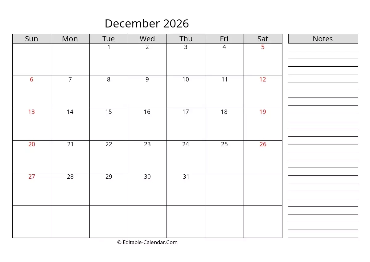 December 2026 Printable Calendar Excel