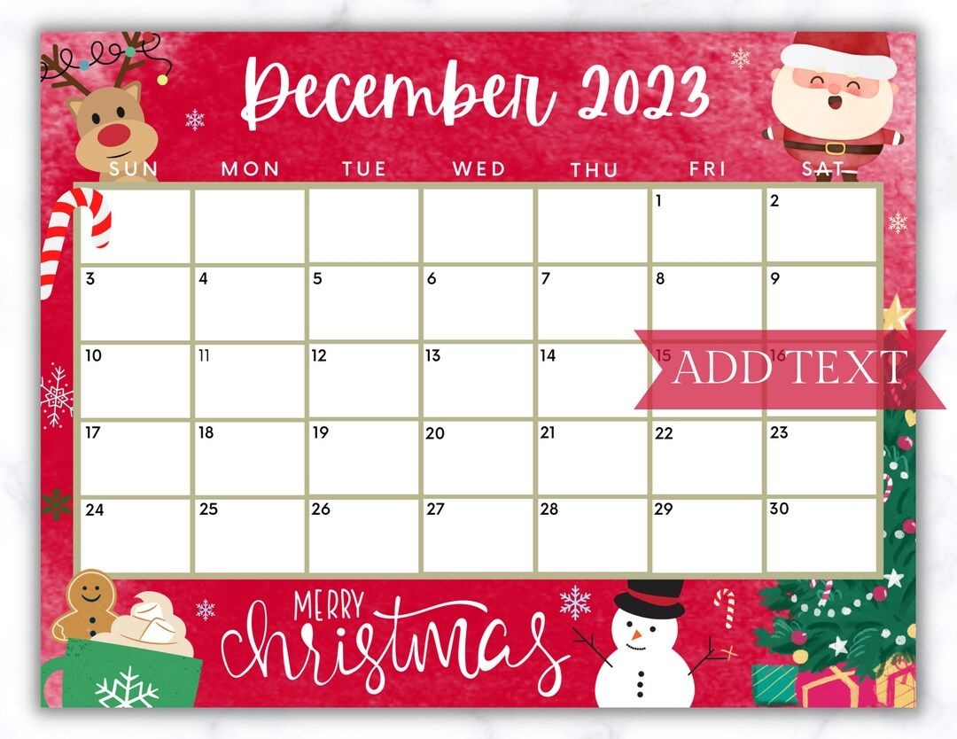Editable December 2023 Calendar Christmas Calendar Holiday 