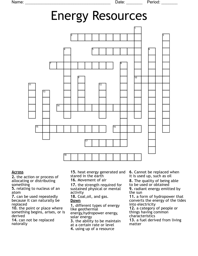 Energy Resources Crossword WordMint