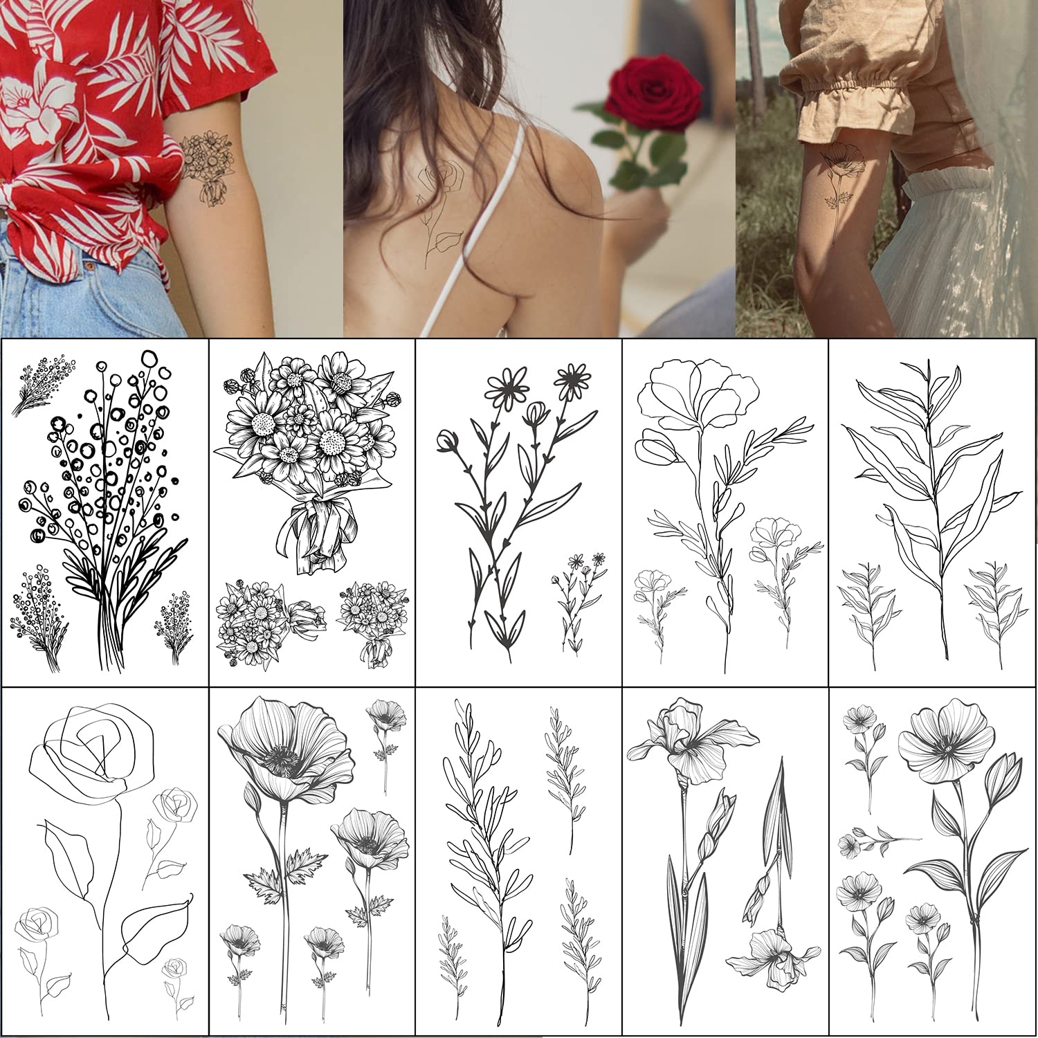 Esland Realistic Line Drawings Flowers Temporary Tattoos Pack Of 10 Small Removable Botanical Leaf Tattoo Stickers For Women Amazon de Beauty