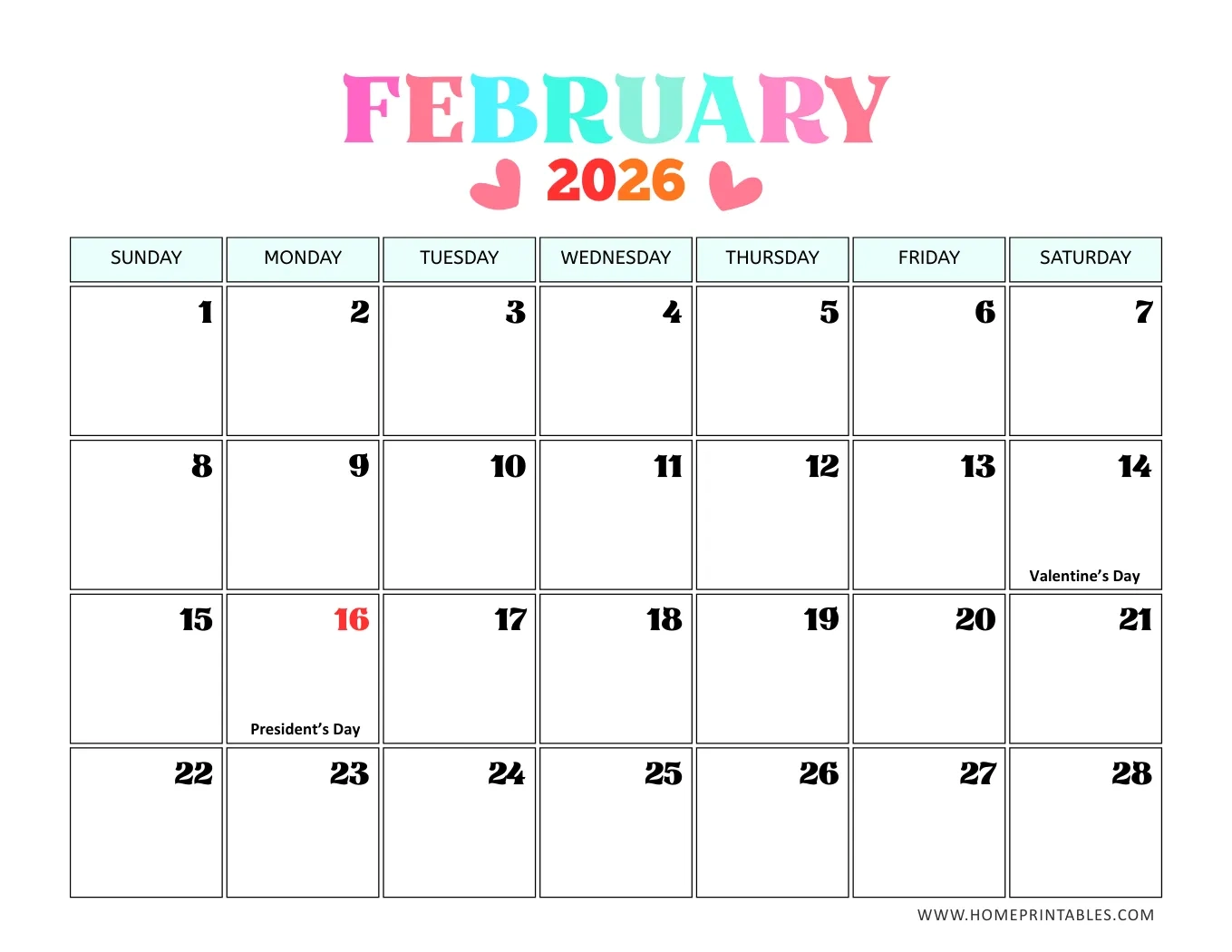 February Calendar For 2026