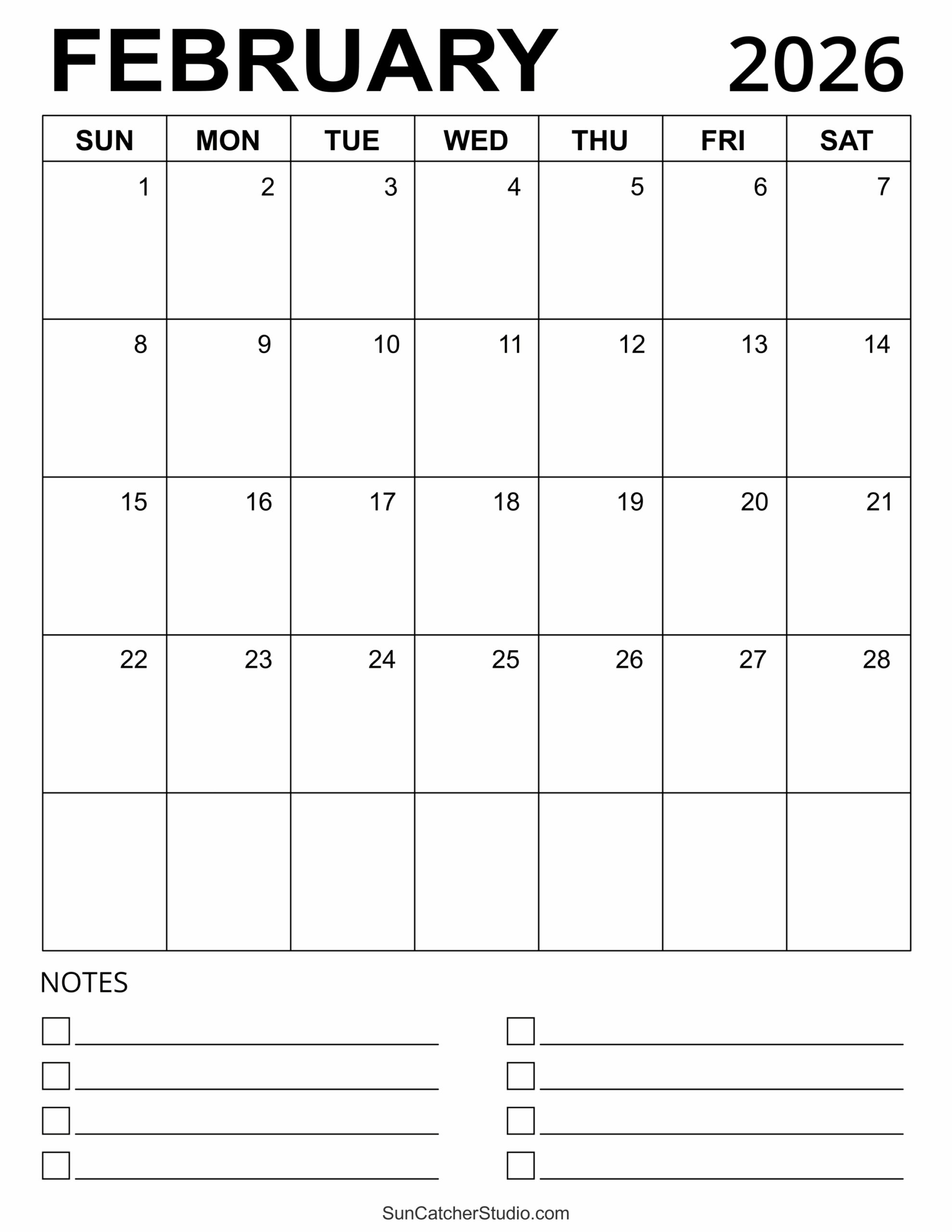 Blank February 2026 Calendar Template