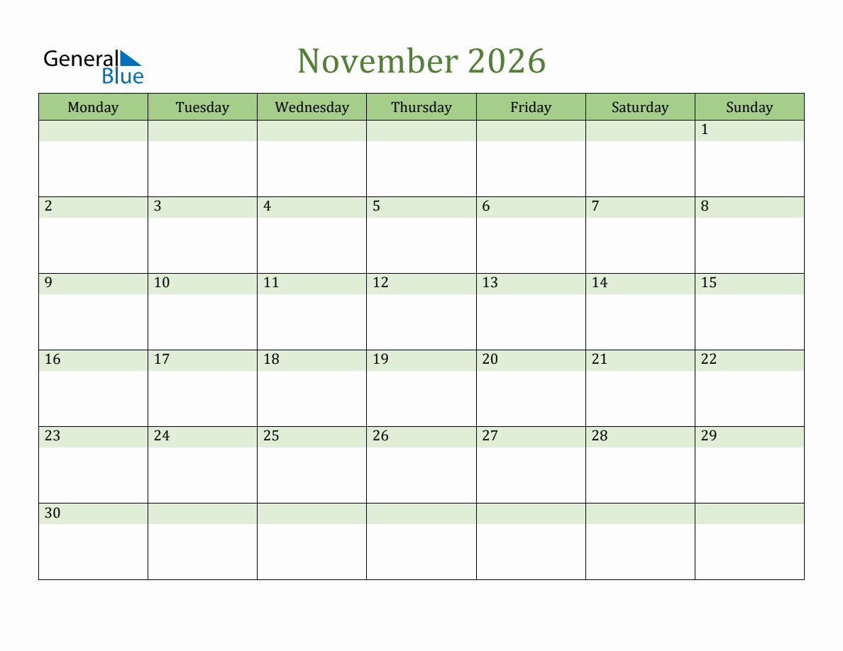 Fillable November 2026 Calendar Monday Start
