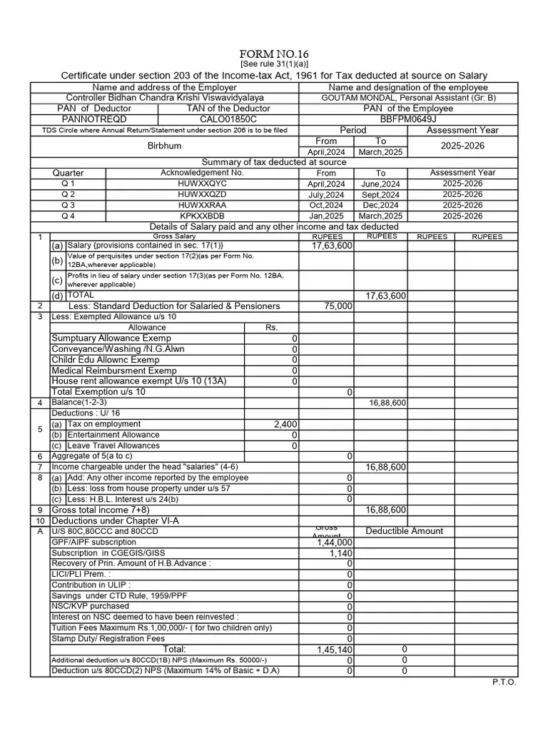 Form 16 2025 26 PDF Tax Refund Tax Deduction